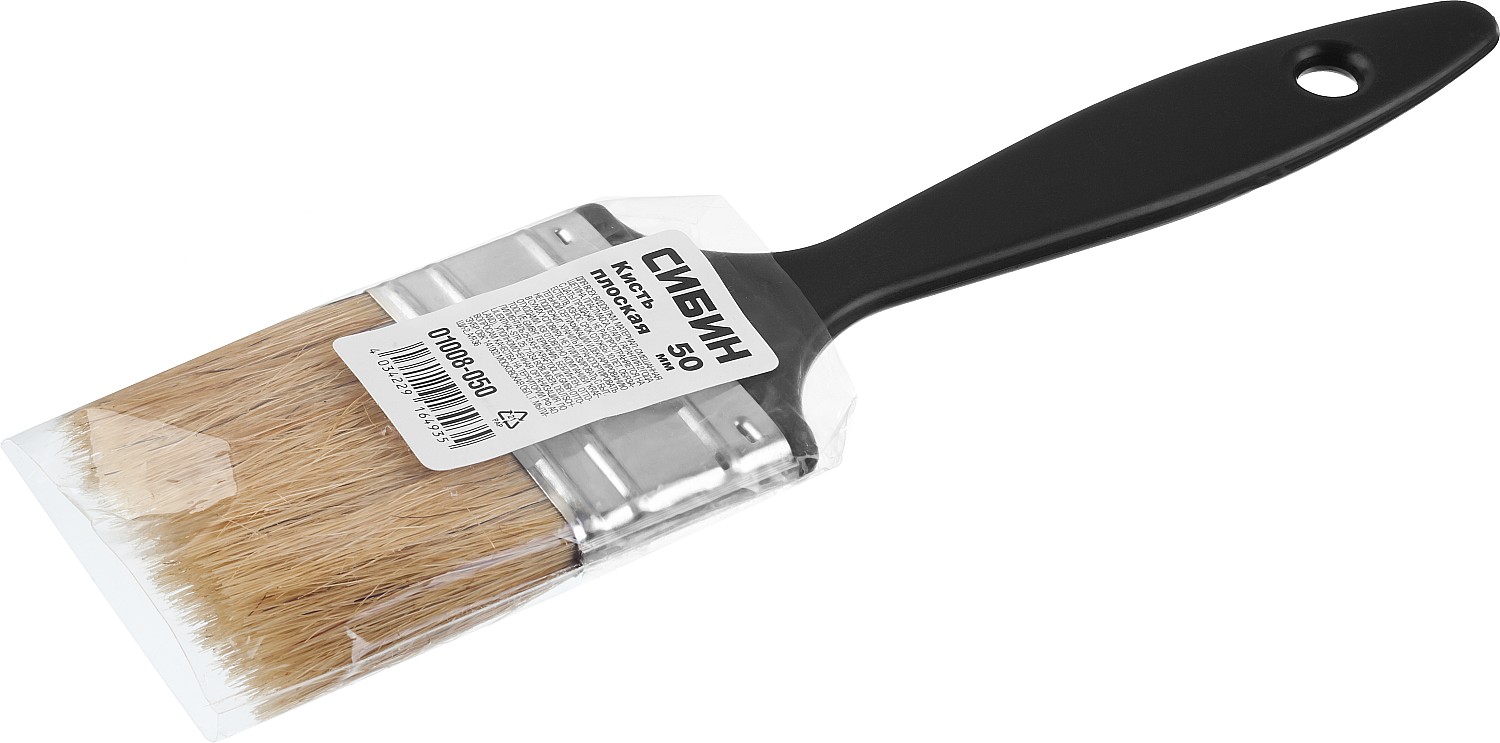 СИБИН 50 мм, 2″, светлая смешанная щетина, пластиковая ручка, все виды ЛКМ, плоская кисть (01008-050) — фото 2
