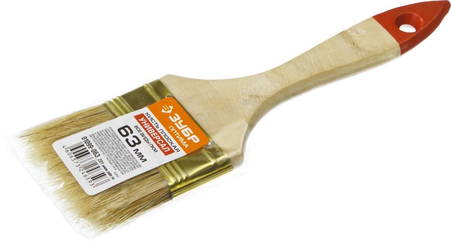ЗУБР УНИВЕРСАЛ, 63 мм, 2.5″, светлая натуральная щетина деревянная ручка, плоская кисть (01099-063) — фото 3