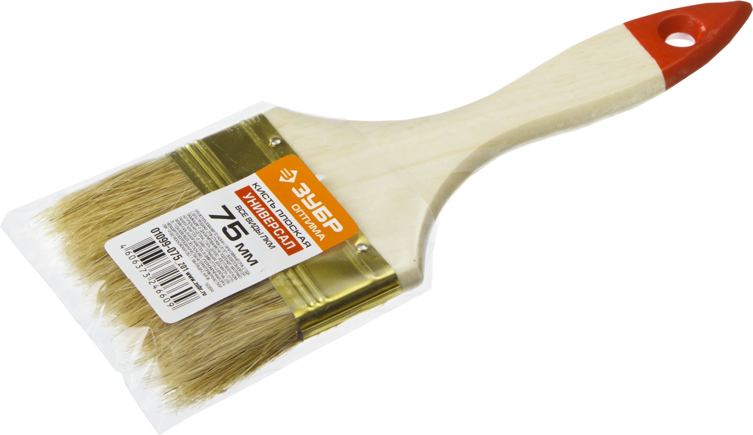 ЗУБР 75 мм, 3″, светлая натуральная щетина, деревянная ручка, плоская кисть (01099-075) — фото 3