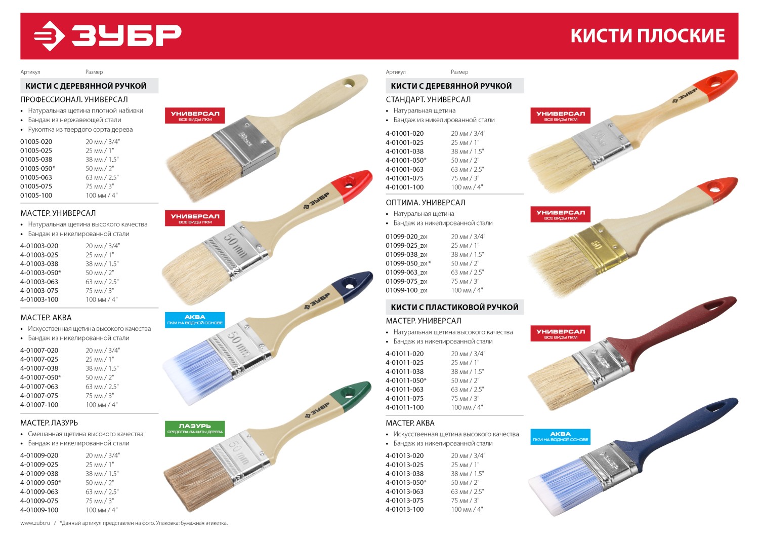 ЗУБР 75 мм, 3″, светлая натуральная щетина, деревянная ручка, плоская кисть (01099-075) — фото 6
