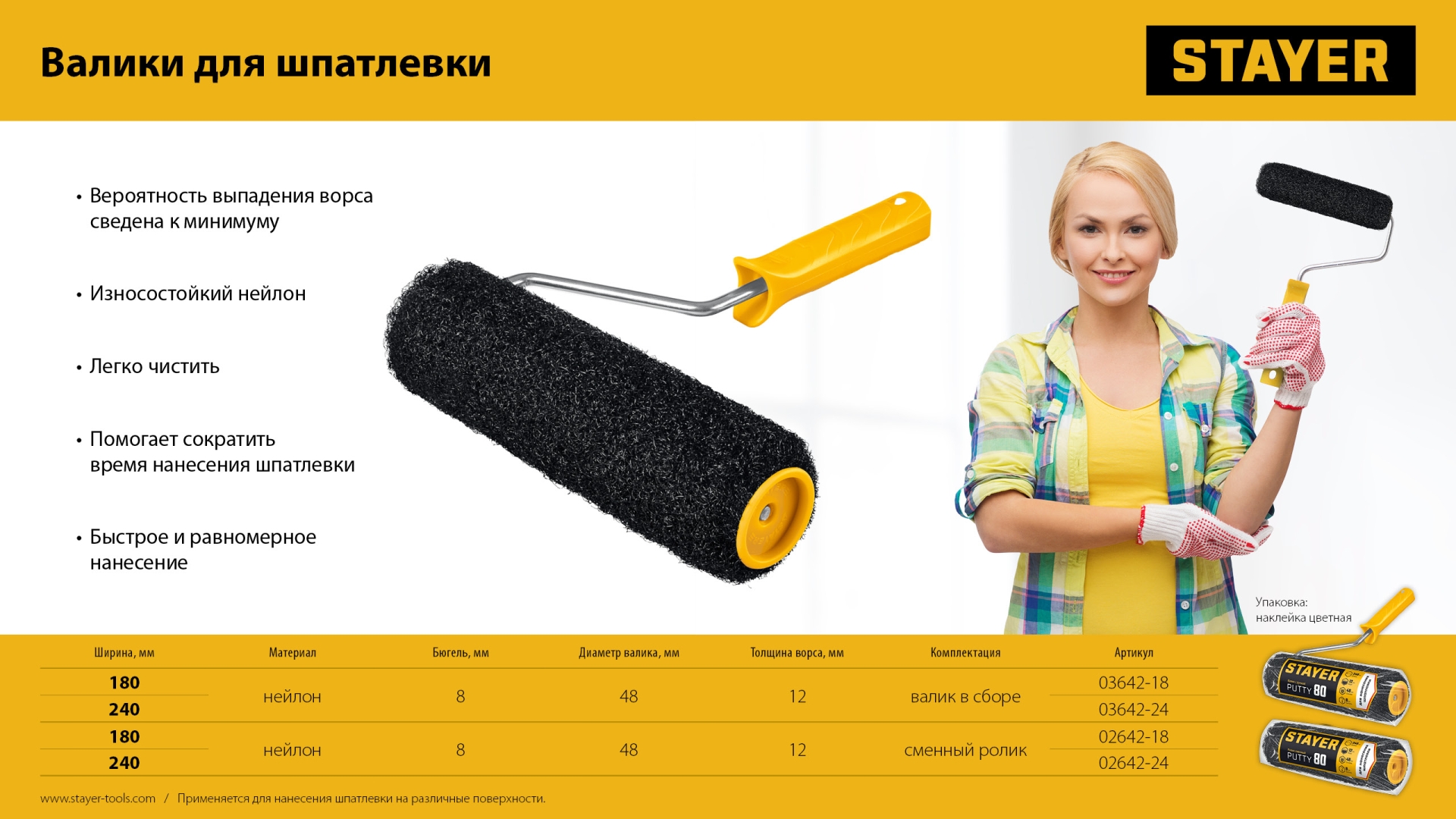 STAYER PUTTY 80 мм, 240 мм, 8 мм ручка, валик для шпатлевки, PROFESSIONAL (03642-24) — фото 8