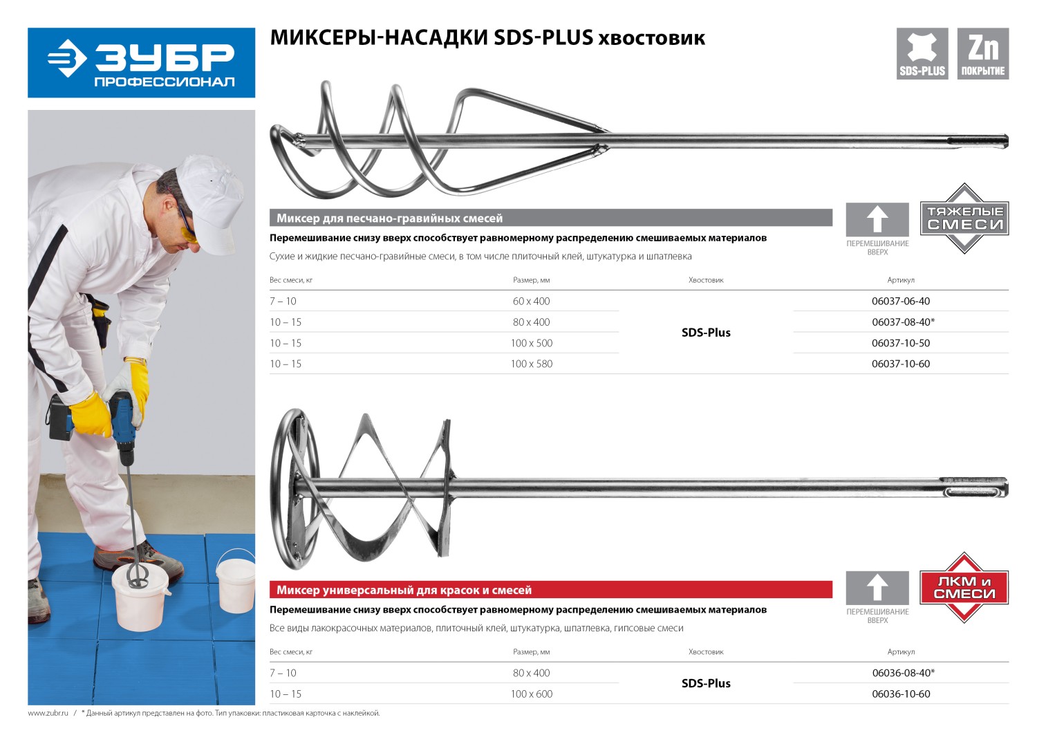 ЗУБР 100 x 500 мм, SDS+, миксер для песчано-гравийных смесей, Профессионал (06037-10-50) — фото 6