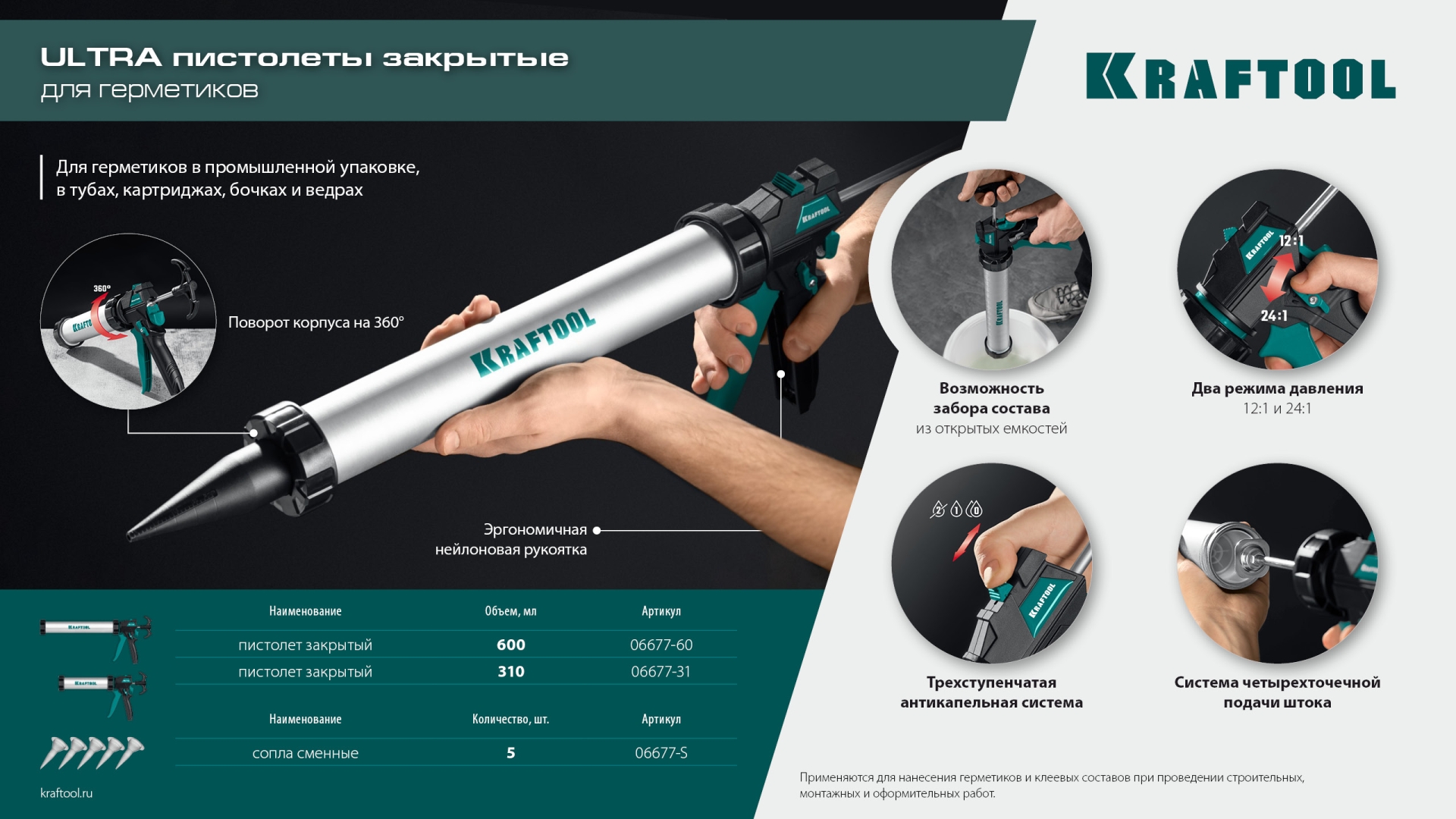 KRAFTOOL ULTRA 310 мл, прямой забор, регулировка силы давления, вариативная антикапельная система, закрытый пистолет для герметика (06677-31) — фото 17