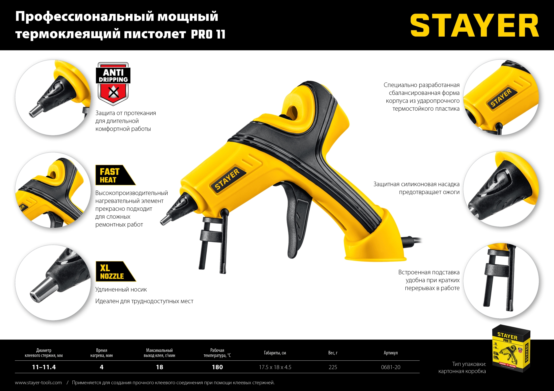 STAYER PRO 11, d 11 мм, 18 г/мин, электрический, пистолет термоклеевой, Professional (0681-20) — фото 13