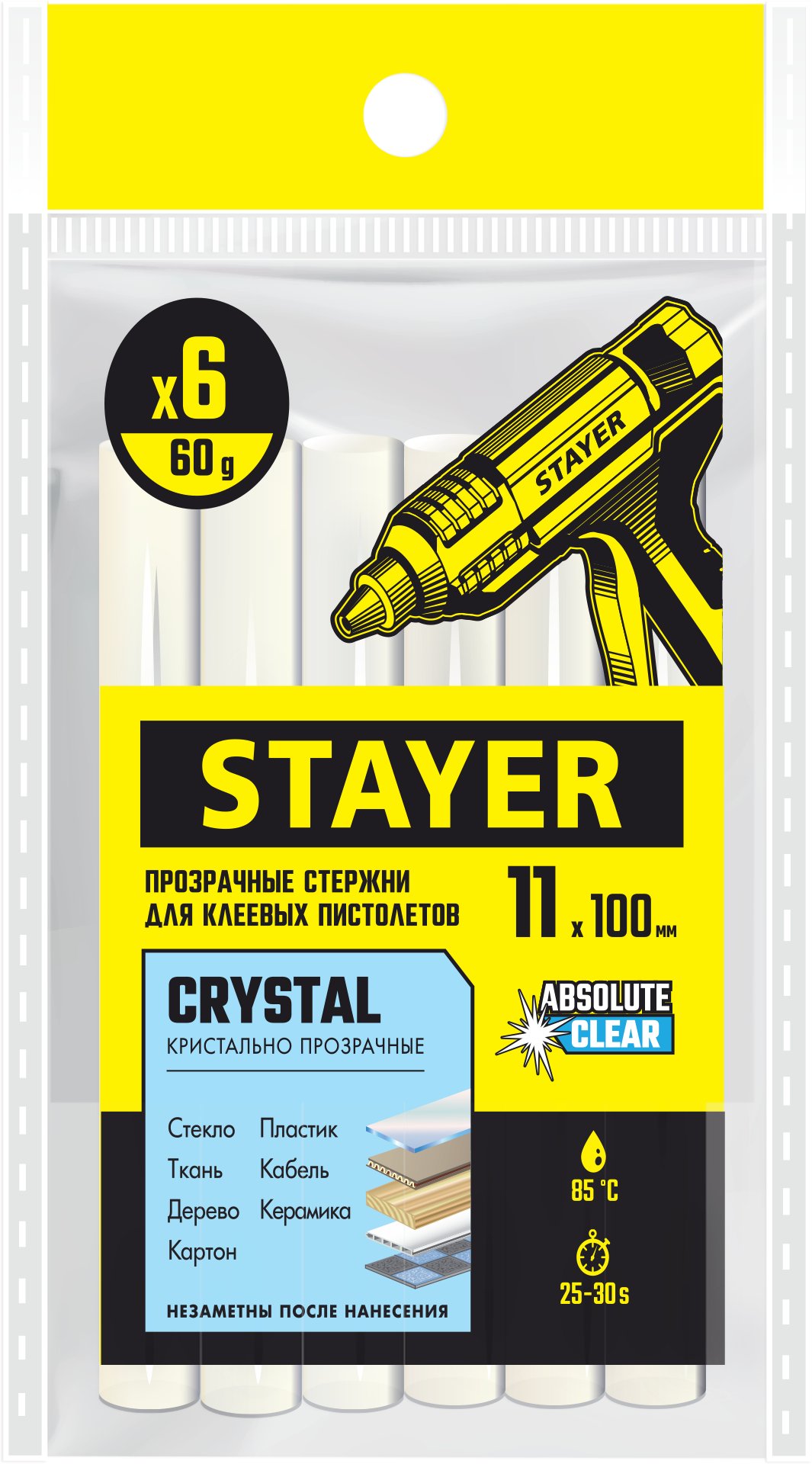STAYER Cristal, 11 х 100 мм, 6 шт, прозрачные, универсальные клеевые стержни Professional (0682-H6) — фото 2