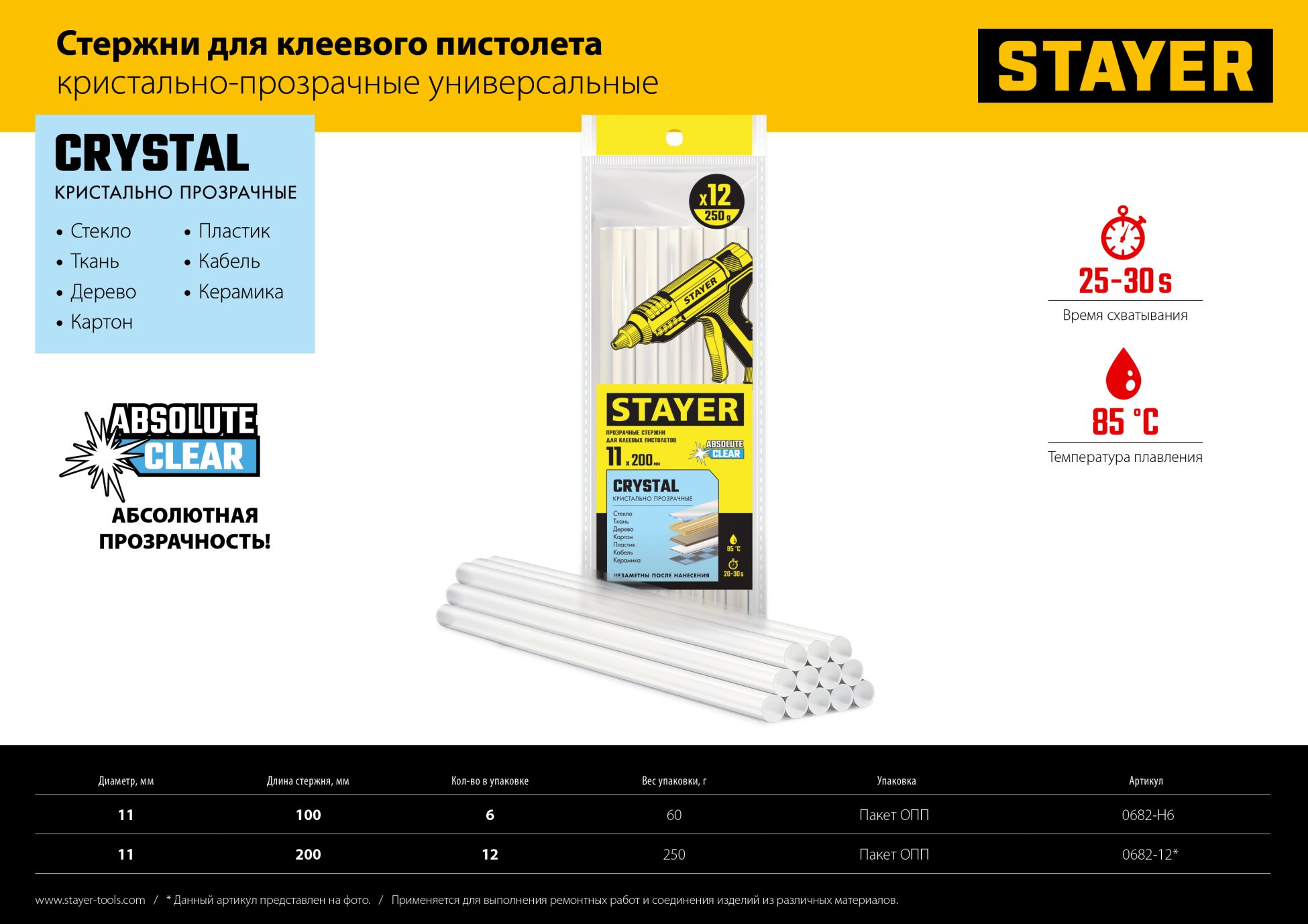 STAYER Cristal, 11 х 100 мм, 6 шт, прозрачные, универсальные клеевые стержни Professional (0682-H6) — фото 5