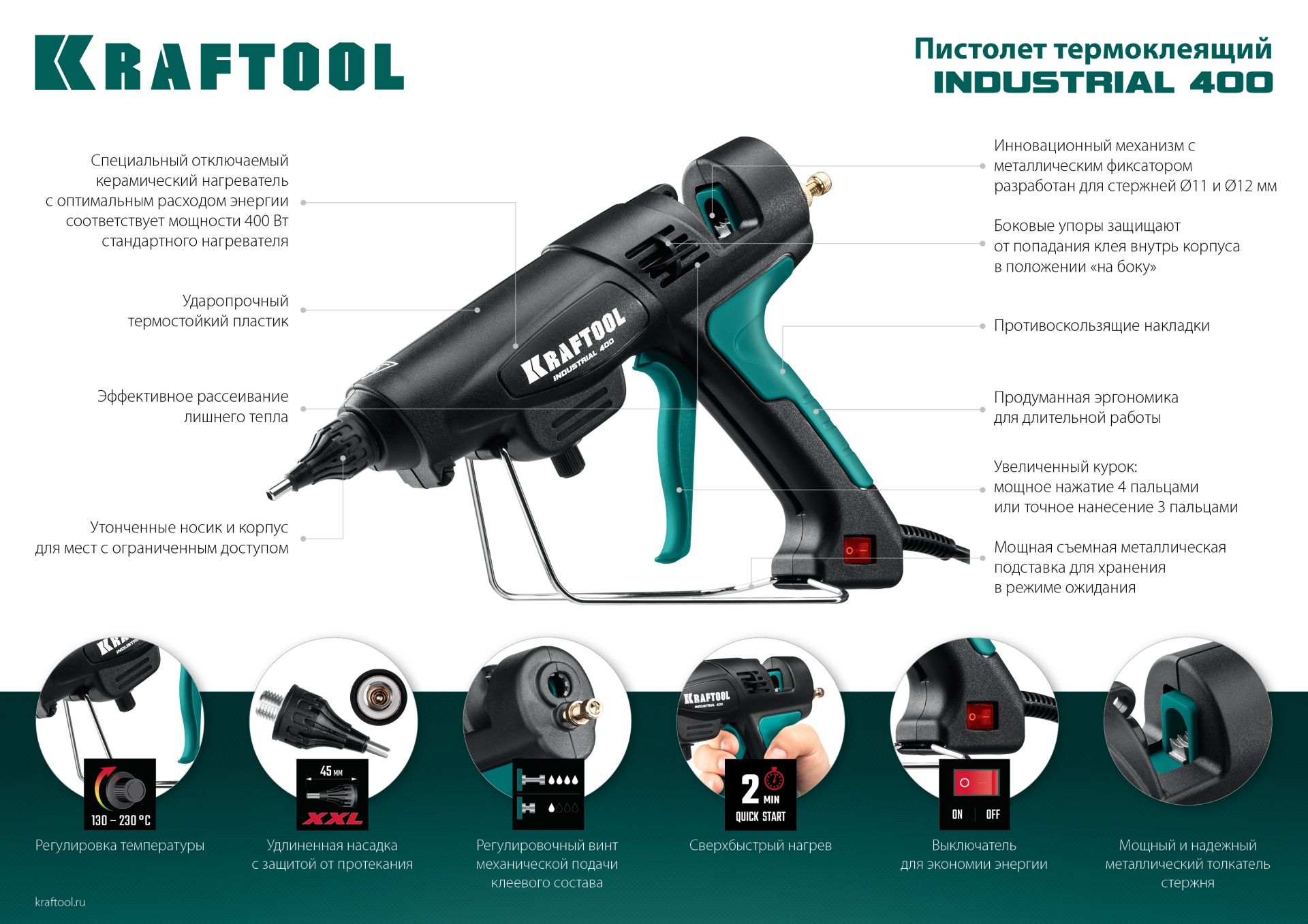 KRAFTOOL Industrial 400, d 11 - 12 мм, 50 г/мин, 130 - 230°C, электрический термоклеевой пистолет (06843-300-12) — фото 19
