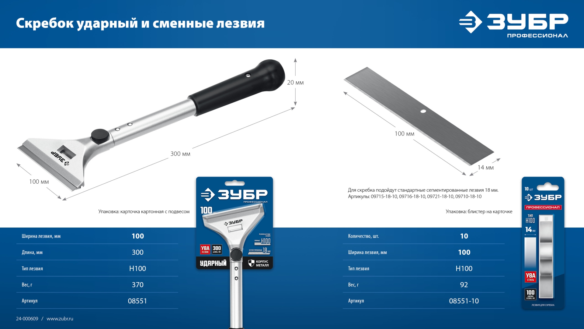 ЗУБР 100 мм, длина 300 мм, ударный скребок, Профессионал (08551) — фото 14