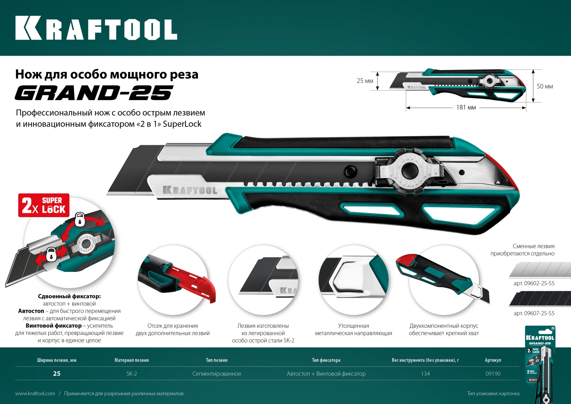 KRAFTOOL Grand-25, 25 мм, нож с сегментированным лезвием (09190) — фото 5