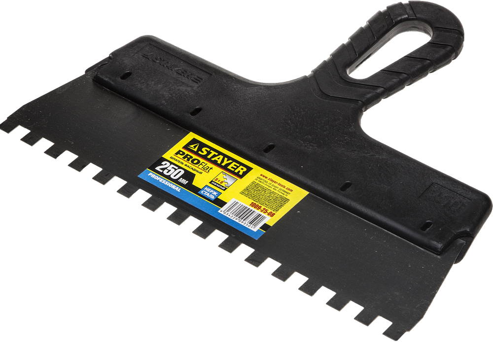 STAYER PROFlat, 250 мм, зуб 8 х 8 мм, пластиковая ручка, зубчатый, нержавеющий фасадный шпатель, Professional (1009-25-08)