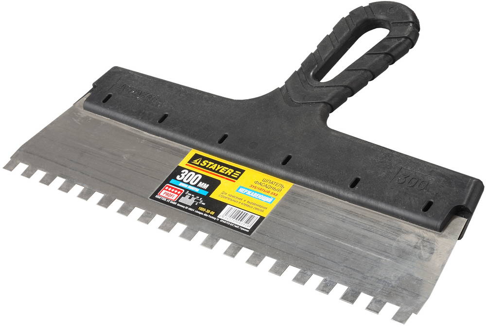 STAYER PROFlat, 300 мм, зуб 8 х 8 мм, пластиковая ручка, зубчатый, нержавеющий фасадный шпатель, Professional (1009-30-08)