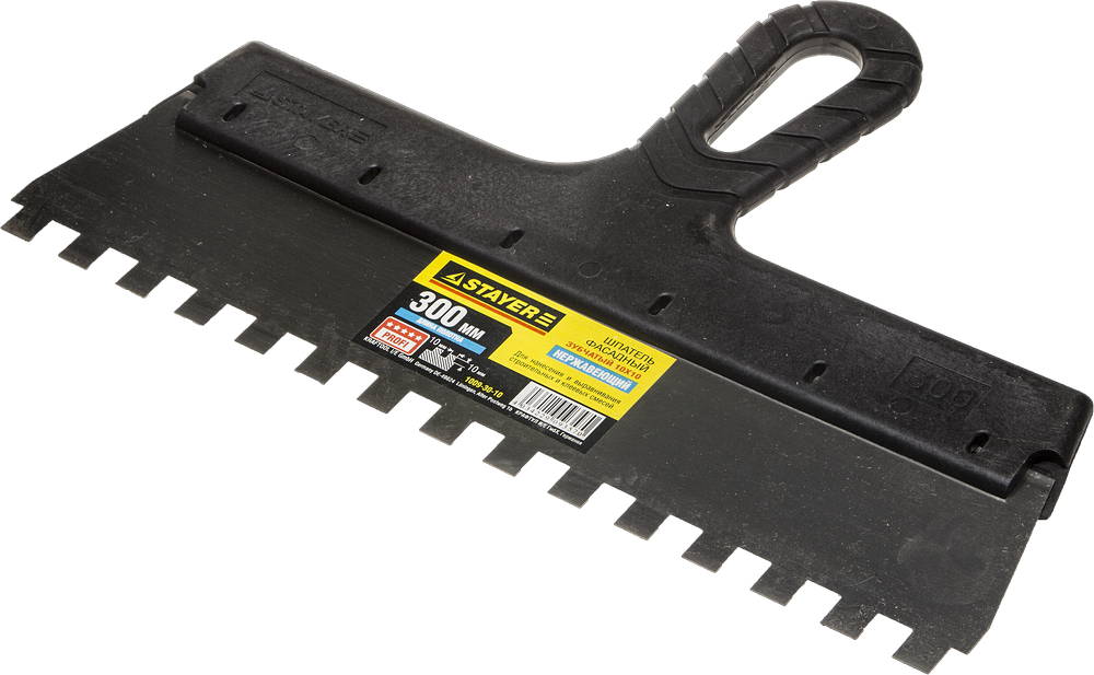 STAYER PROFlat, 300 мм, зуб 10 х 10 мм, пластиковая ручка, зубчатый, нержавеющий фасадный шпатель, Professional (1009-30-10)
