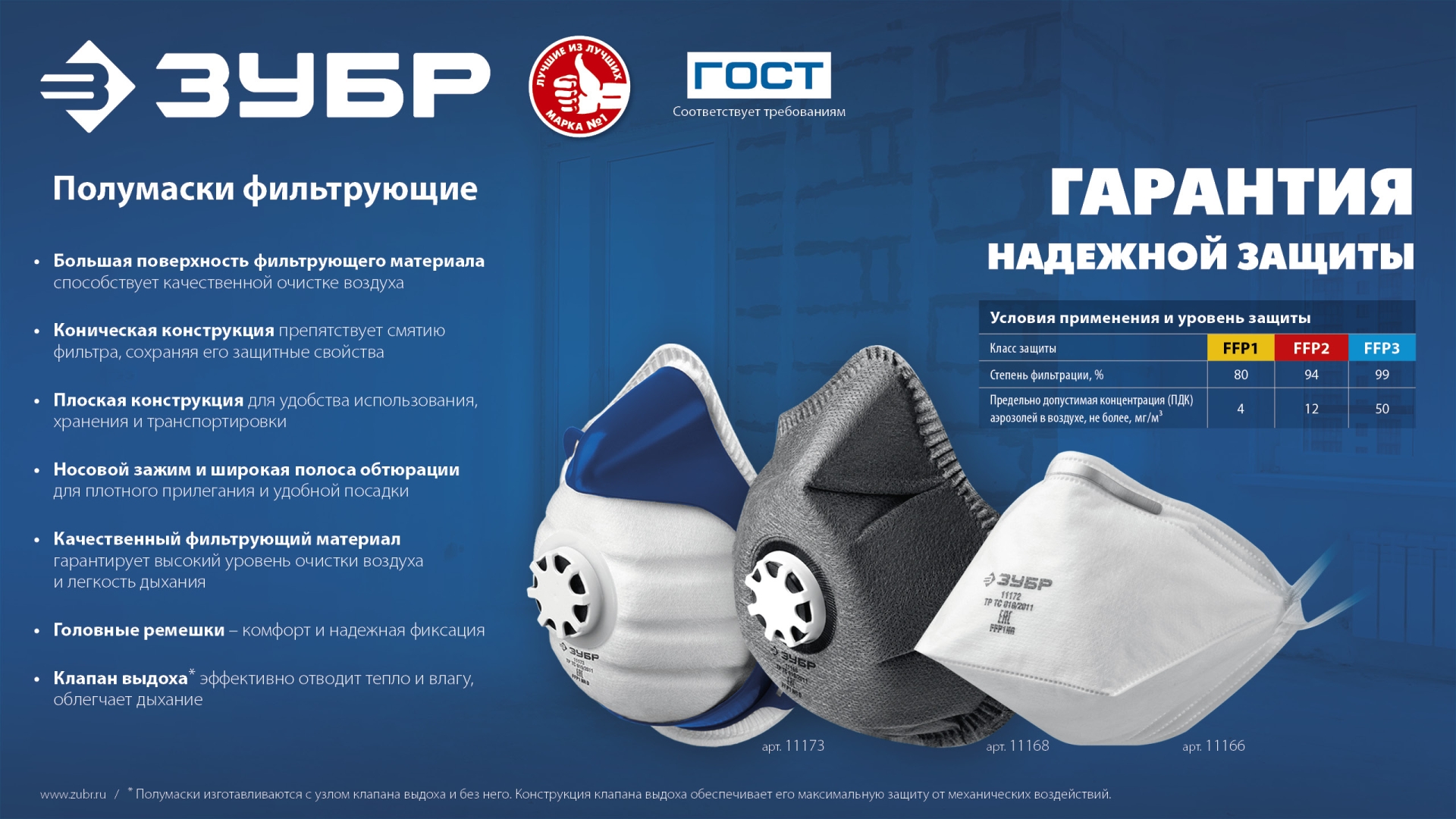 ЗУБР класс защиты FFP1, плоская, фильтрующая полумаска с клапаном выдоха (11166) — фото 6