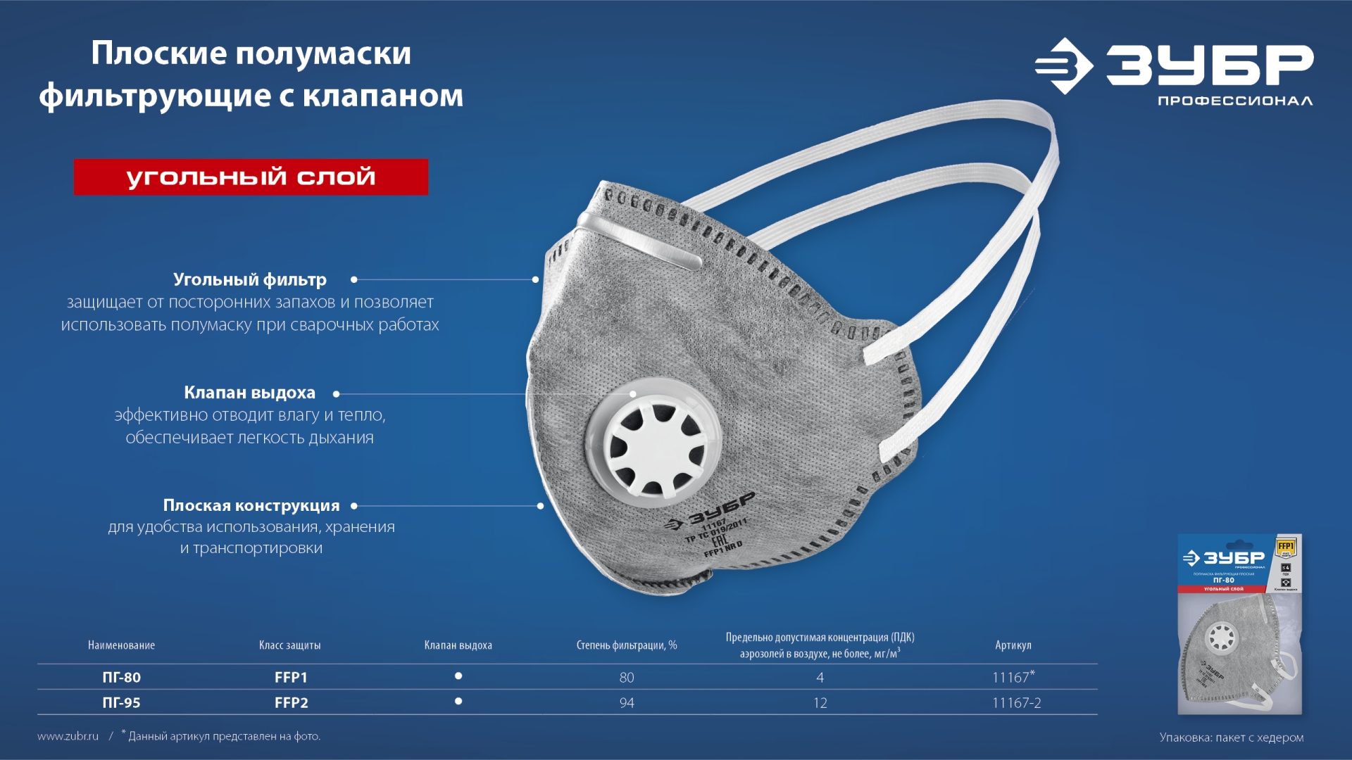 ЗУБР ПГ-80, класс защиты FFP1, плоская, с угольным слоем, фильтрующая полумаска с клапаном выдоха, Профессионал (11167) — фото 7