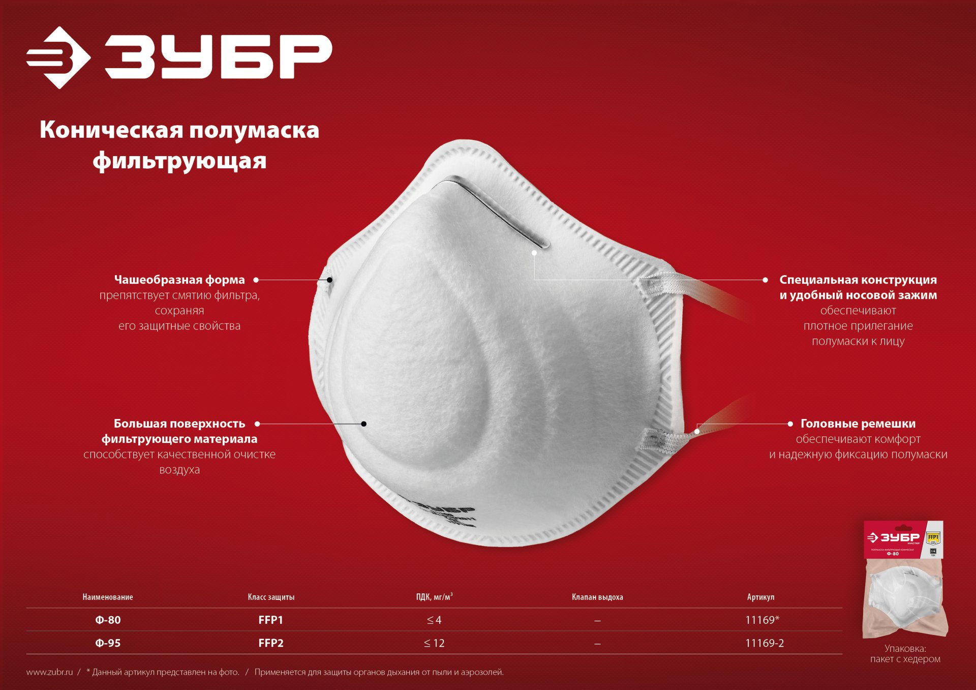 ЗУБР Ф-95, класс защиты FFP2, коническая, фильтрующая полумаска (11169-2) — фото 7