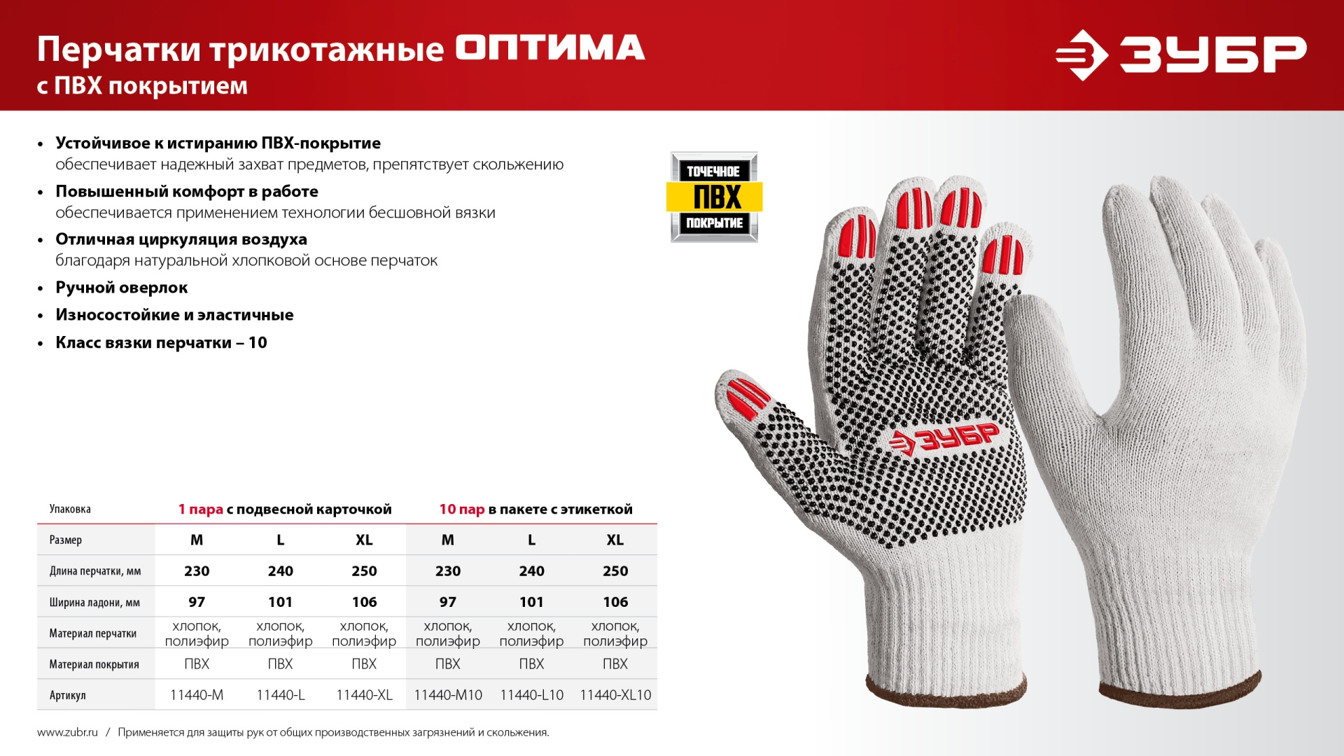ЗУБР ОПТИМА, М (8), х/б перчатки с ПВХ покрытием (точка), 10 класс, 10 пар (11440-М10) — фото 6