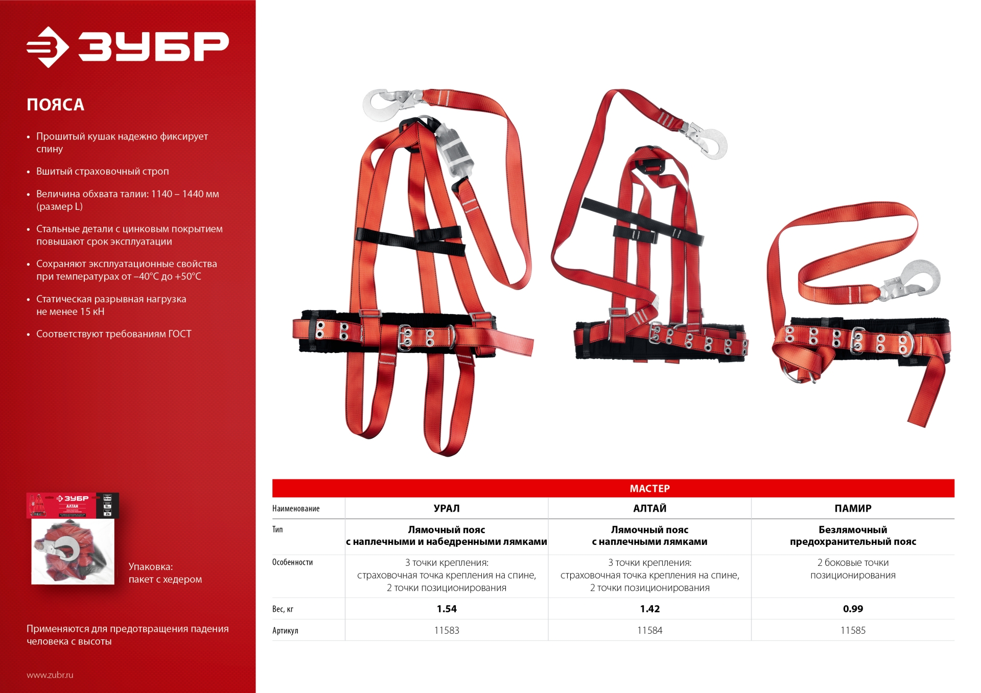 ЗУБР АЛТАЙ страховочный строп, фурнитура из оцинкованной стали, 3 точки крепления, размер L (1140-1440), лямочный пояс с наплечными лямками(11584) — фото 5