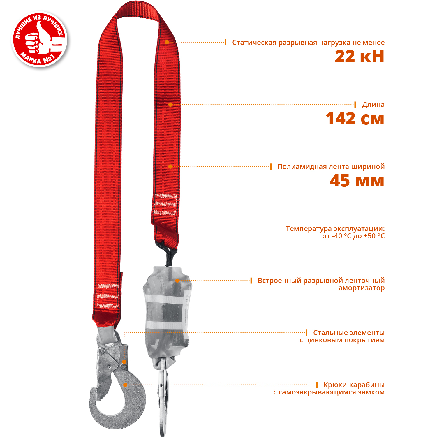 ЗУБР СЛА-1 карабины из оцинкованной стали, длина - 1.42м, разрывной ленточный амортизатор, одноплечный строп (11586) — фото 2