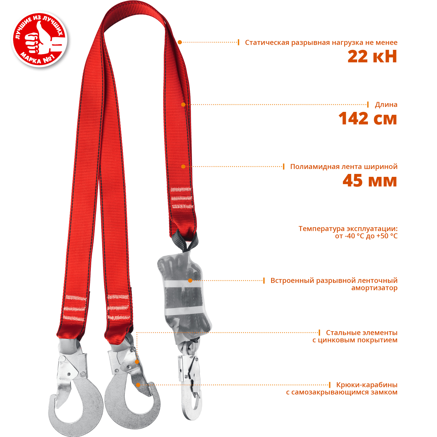 ЗУБР СЛА-2 карабины из оцинкованной стали, длина - 1.42м, разрывной ленточный амортизатор, двухплечный строп (11587) — фото 2