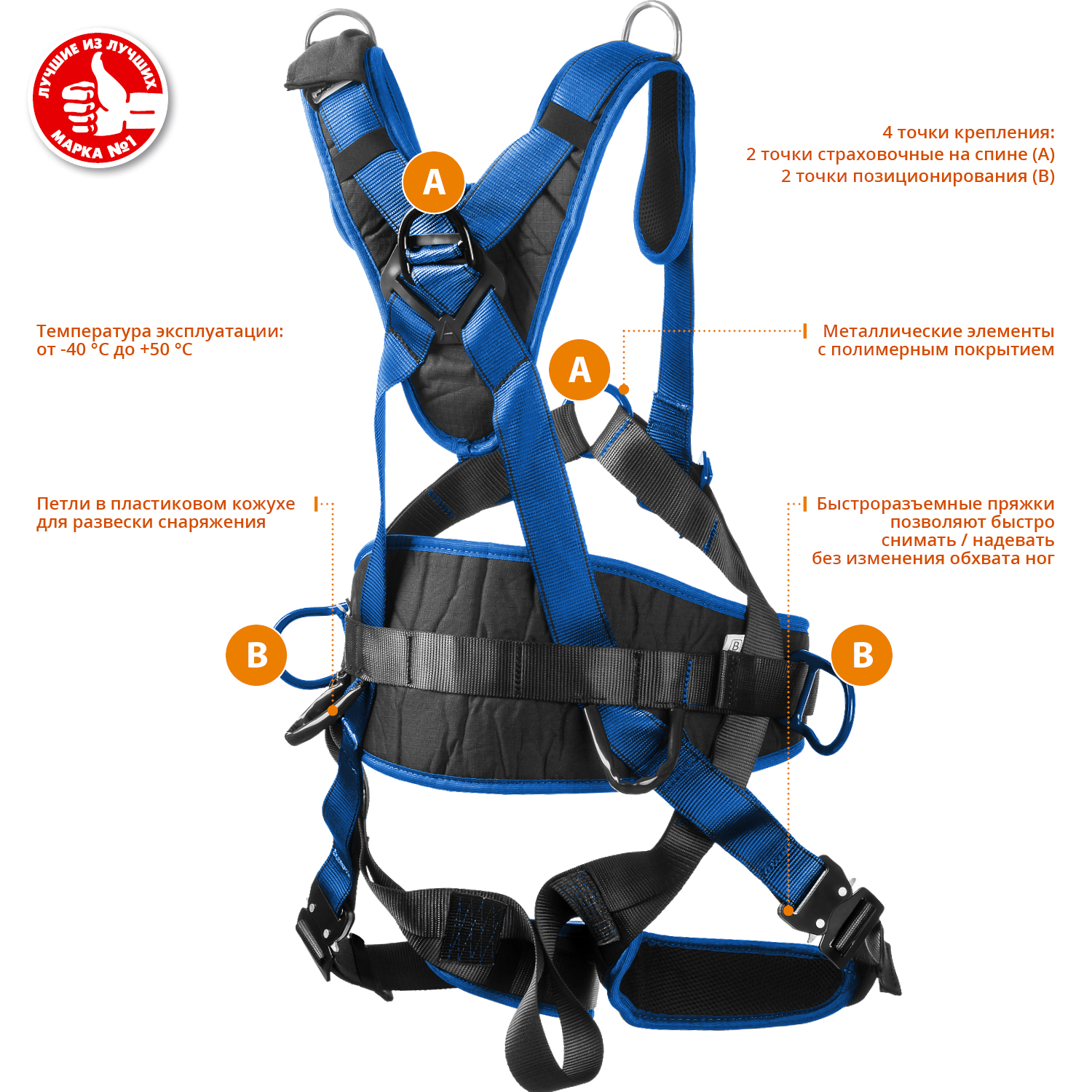 ЗУБР МОНБЛАН стальная фурнитура с полимерным покрытием, 4 точки крепления, р. L(1140-1440), страховочная и удерживающая привязь, Профессионал (11593) — фото 3