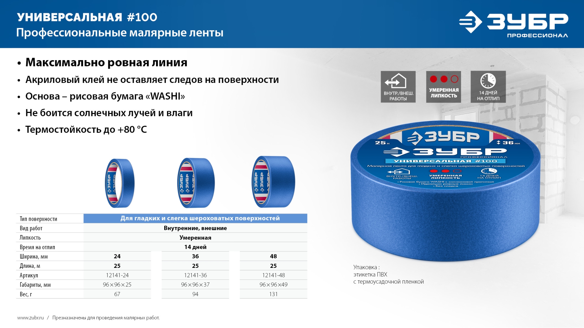 ЗУБР №100 36 мм х 25 м, для гладких и слегка шероховатых поверхностей, малярная лента, Профессионал (12141-36) — фото 8