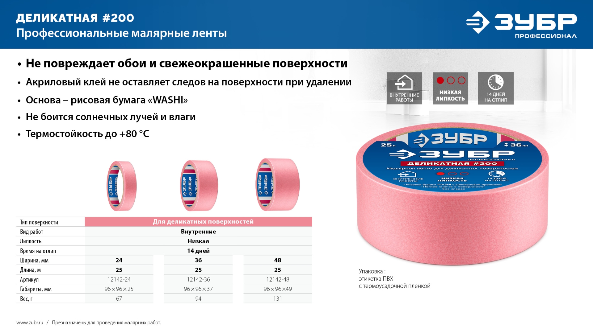 ЗУБР №200 48 мм х 25 м, для деликатных и недавно окрашенных поверхностей, малярная лента, Профессионал (12142-48) — фото 8