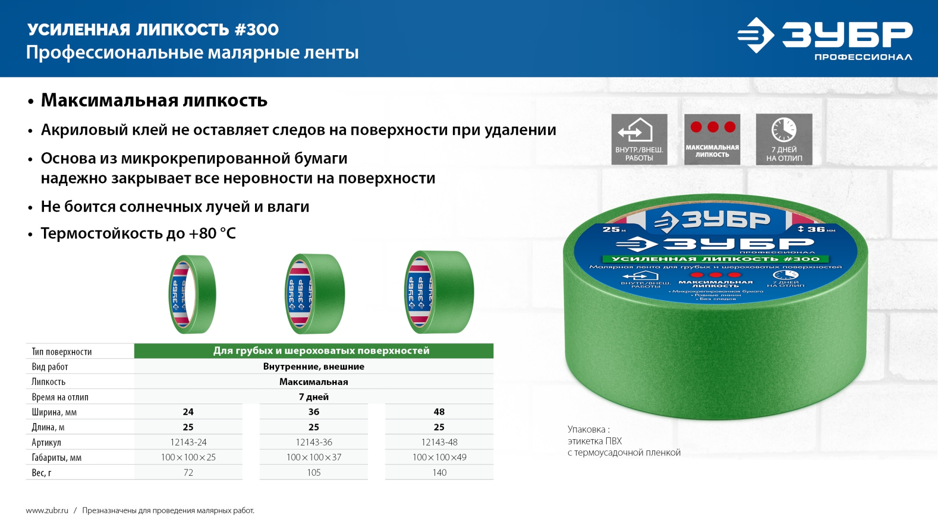 ЗУБР №300 24 мм х 25 м, для грубых и шероховатых поверхностей, малярная лента, Профессионал (12143-24) — фото 8