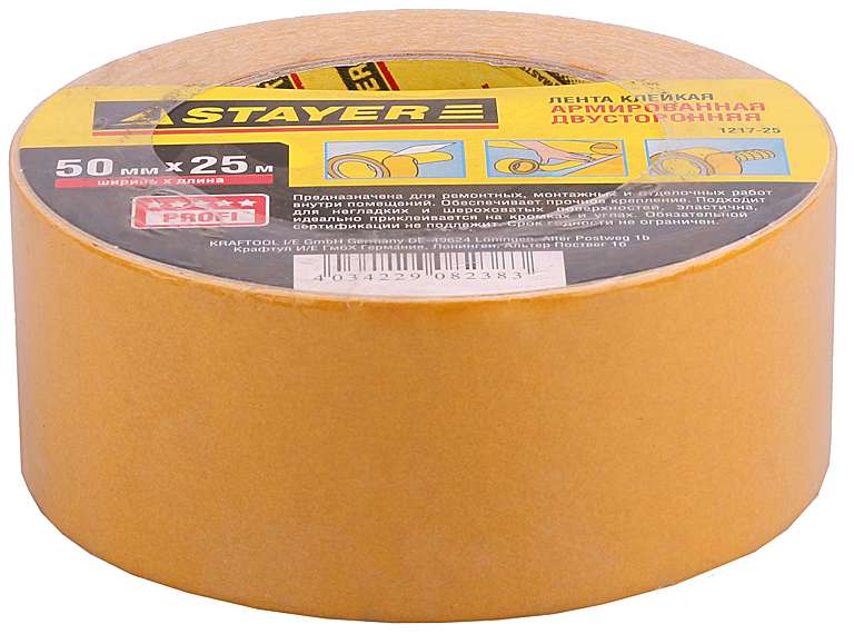 STAYER 50 мм, 25 м, на тканевой основе, двухсторонняя клейкая лента, Professional (1217-25) — фото 2