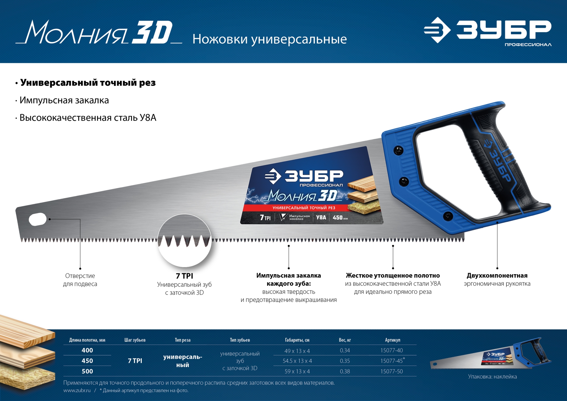 ЗУБР Молния-3D, 500 мм, 7TPI, универсальная ножовка, Профессионал (15077-50) — фото 8