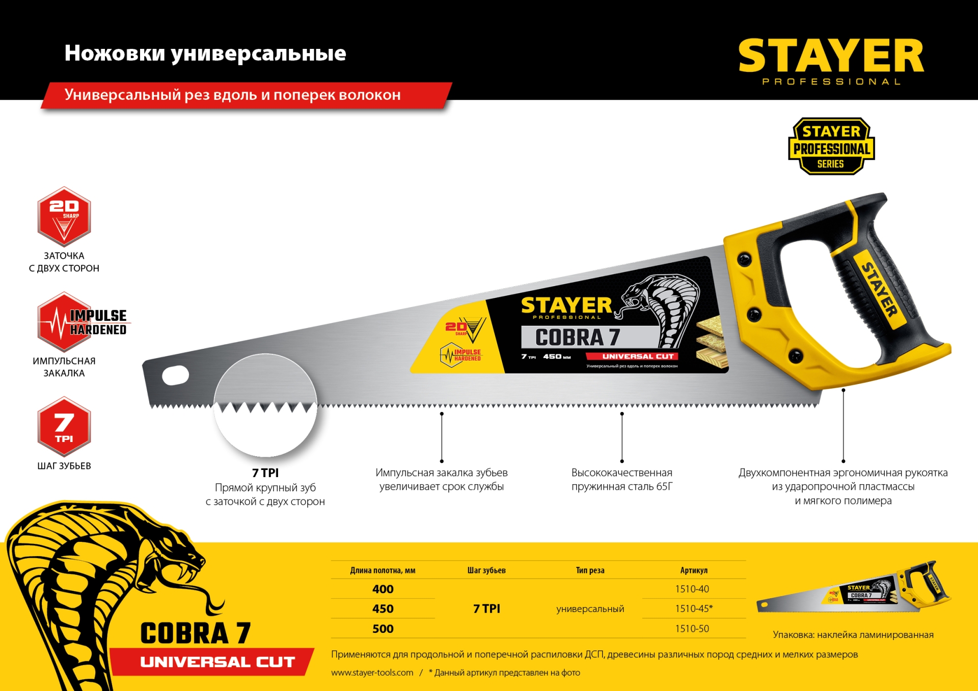 STAYER Cobra 7, 400 мм, универсальная ножовка, Professional (1510-40) — фото 7