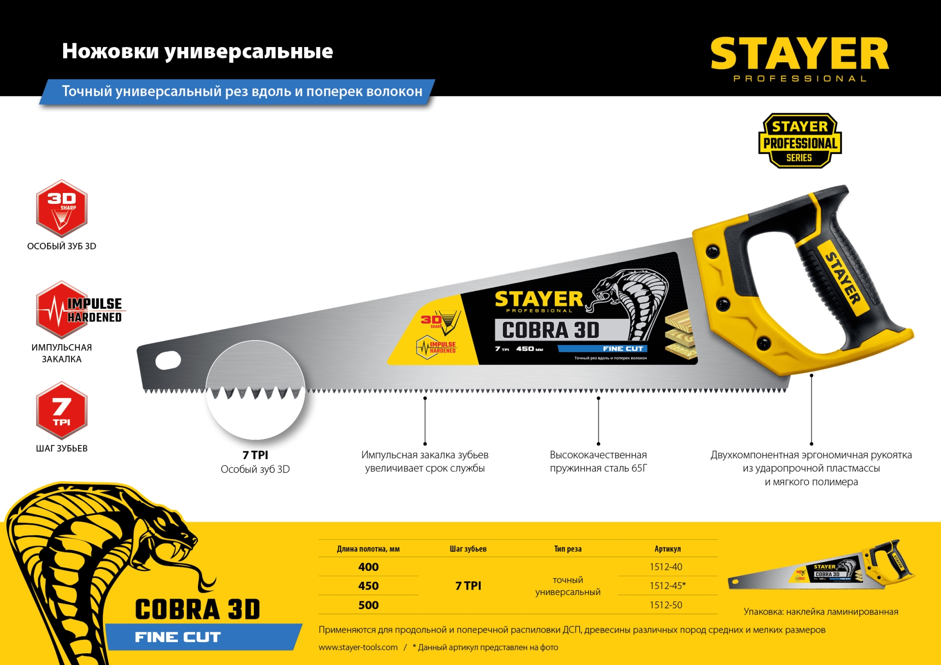 STAYER Cobra 3D, 450 мм, универсальная ножовка, Professional (1512-45) — фото 7