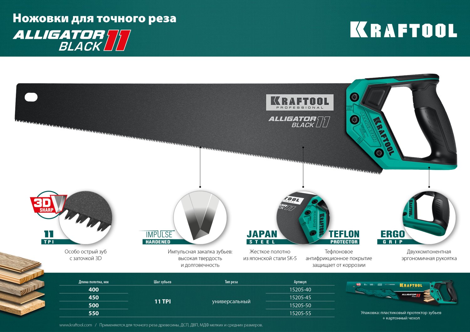 KRAFTOOL Alligator Black 11, 500 мм, ножовка для точного реза (15205-50) — фото 10