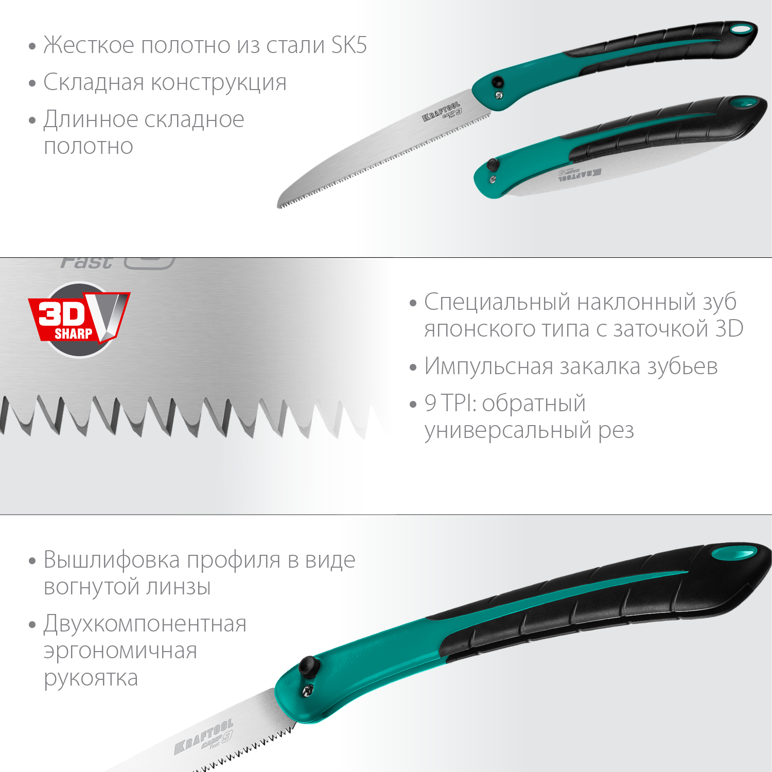 KRAFTOOL Camp Fast 9, 250 мм, ножовка для быстрого реза сырой древесины (15218) — фото 2