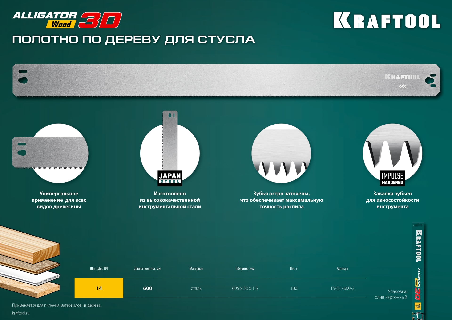 KRAFTOOL Alligator 3D, 600 мм, полотно по дереву для прецизионного стусла (15451-600-2) — фото 9