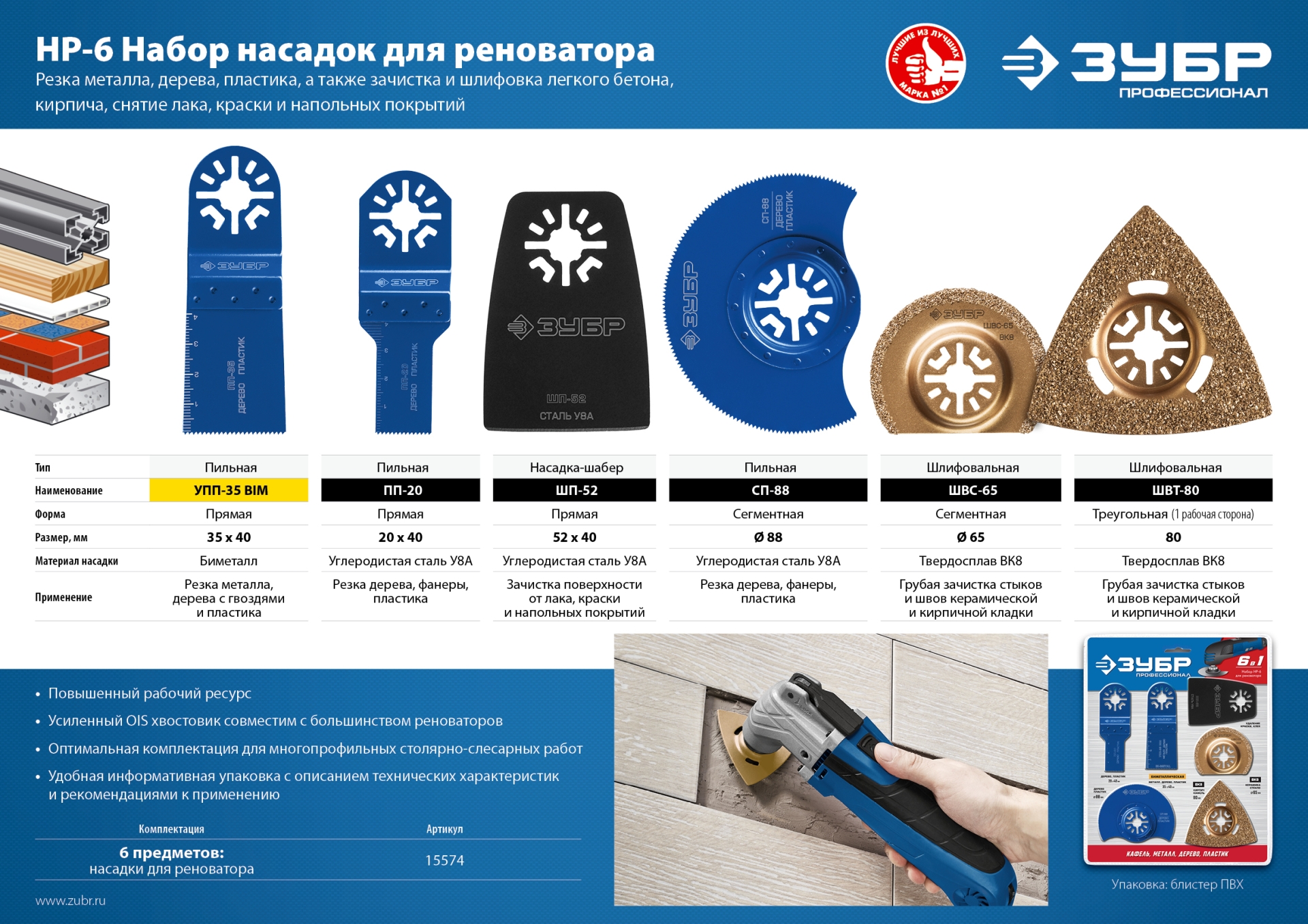 ЗУБР НР-6 UniLock, OIS-хвост., 6 предм., набор насадок для реноватора, Профессионал (15574) — фото 4