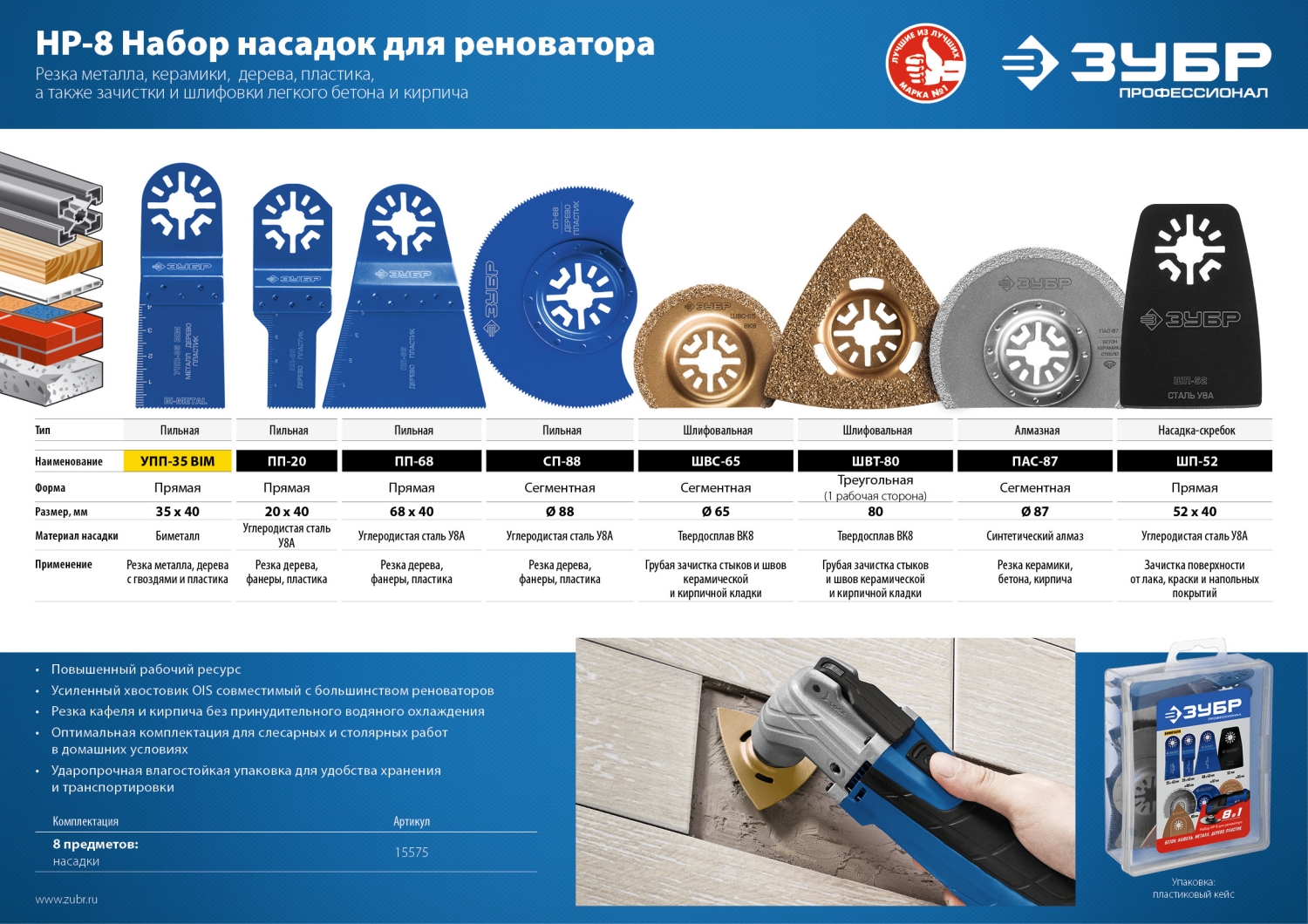 ЗУБР НР-8 UniLock, OIS-хвост., 8 предм., набор насадок для реноватора, Профессионал (15575) — фото 4