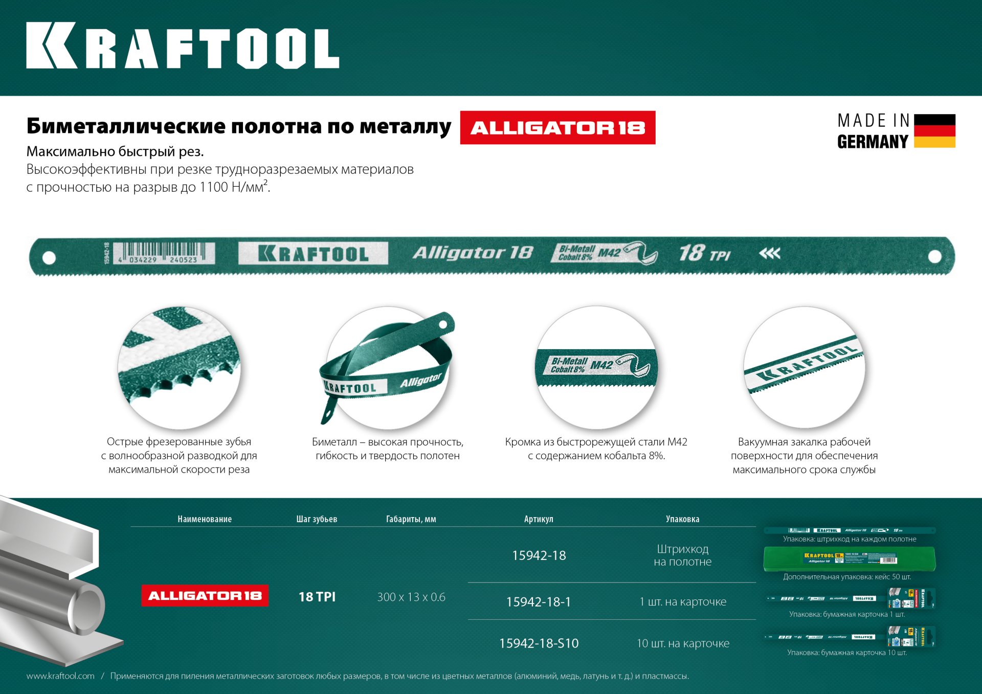 KRAFTOOL Alligator-18, 18 TPI, 300 мм, биметаллическое гибкое полотно по металлу (15942-18-S10) — фото 4