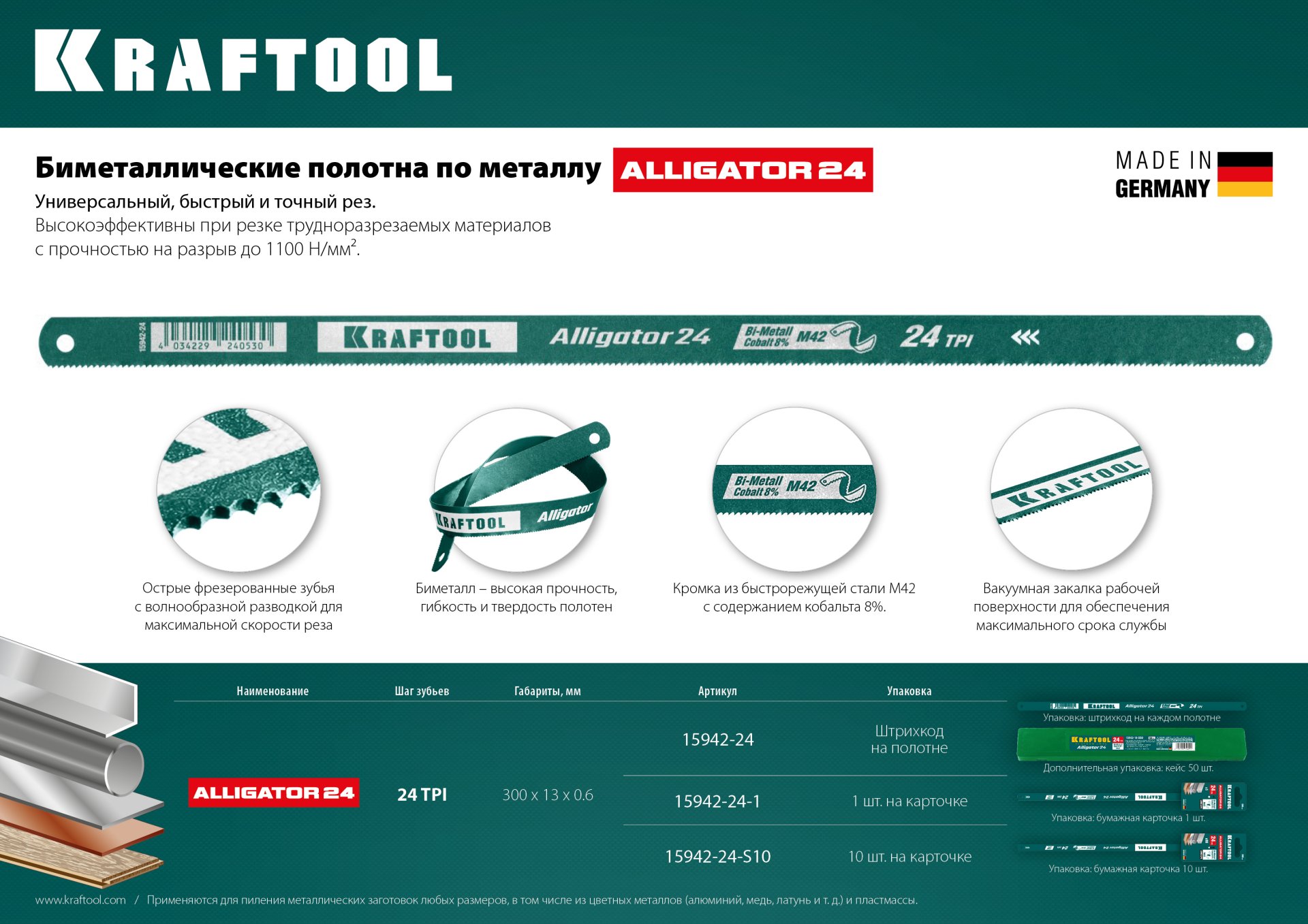 KRAFTOOL Alligator-24, 24 TPI, 300 мм, биметаллическое гибкое полотно по металлу (15942-24-S10) — фото 4