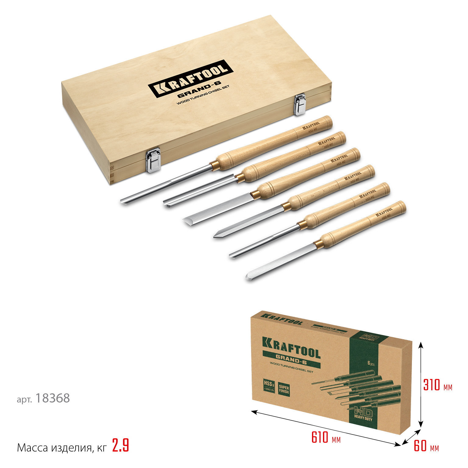 KRAFTOOL Grand-6 6 предм., набор токарных резцов по дереву (18368) — фото 8
