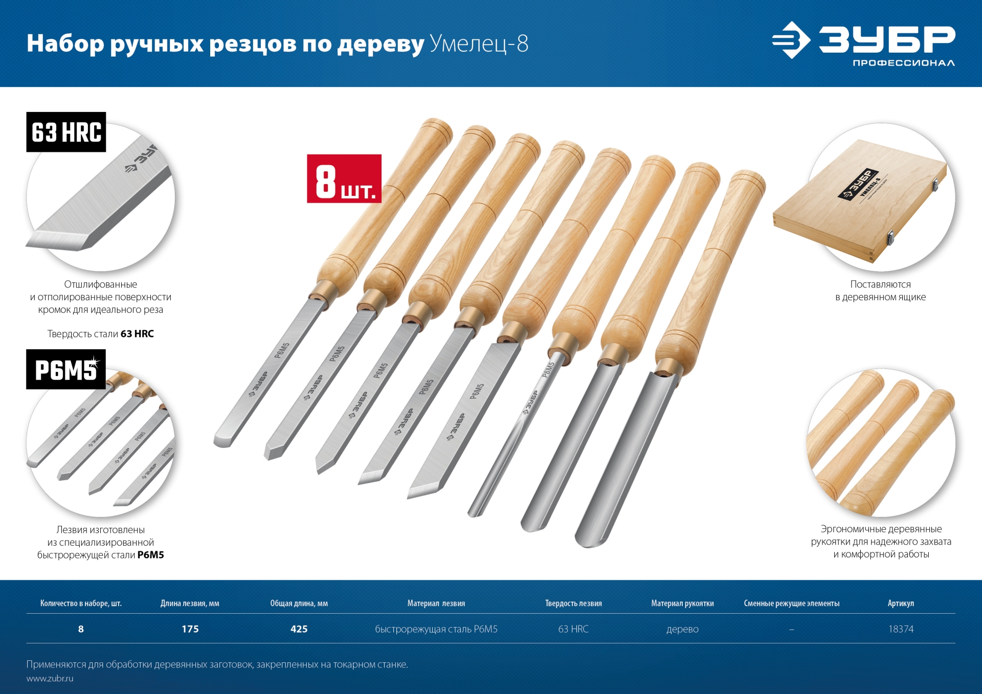 ЗУБР УМЕЛЕЦ-8, 8 шт, Р6М5, набор ручных резцов по дереву, Профессионал (18374) — фото 12