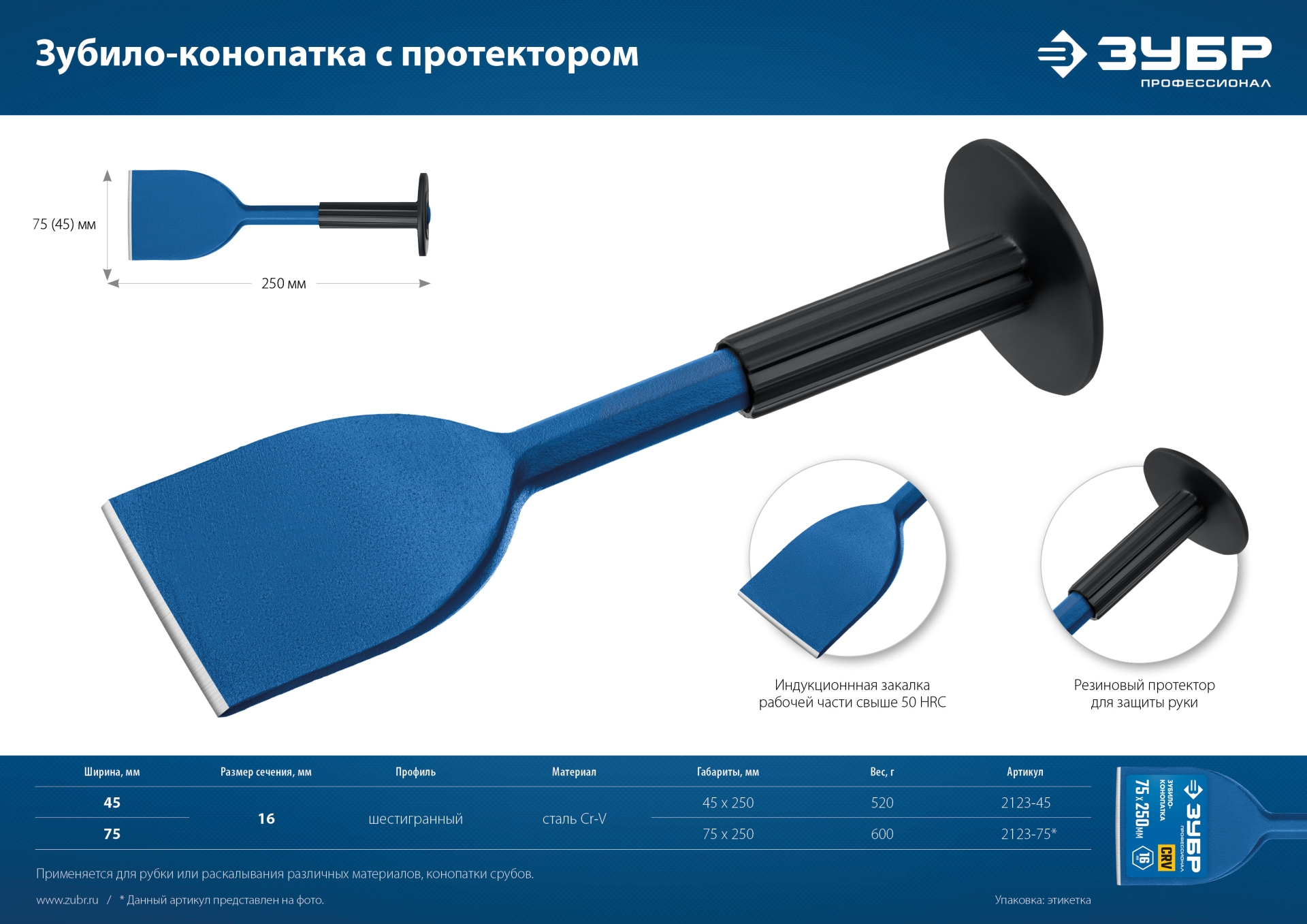 ЗУБР 75 х 250 мм, зубило-конопатка с протектором, Профессионал (2123-75) — фото 8