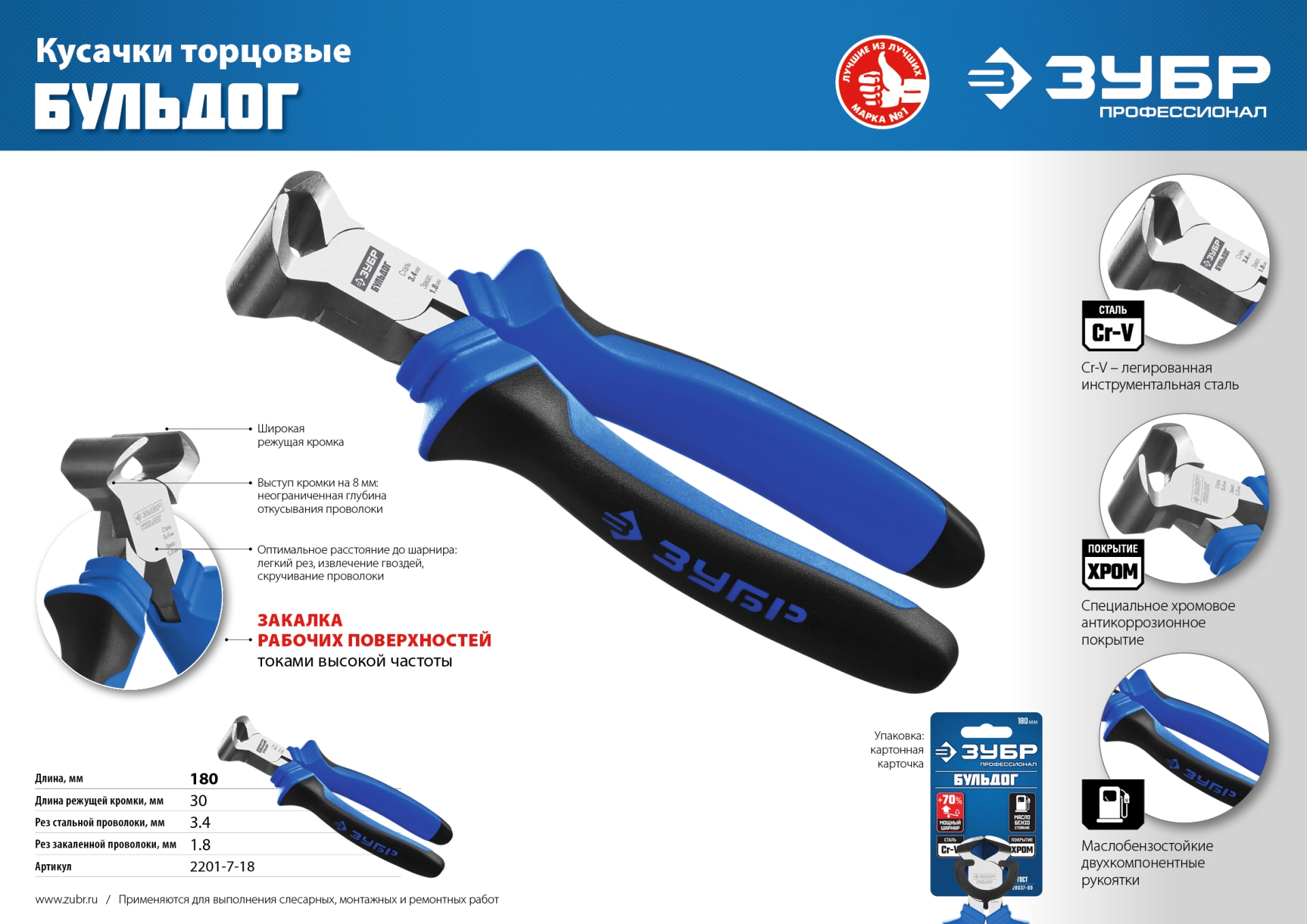 ЗУБР 180 мм, торцевые кусачки, Профессионал (2201-7-18) — фото 7