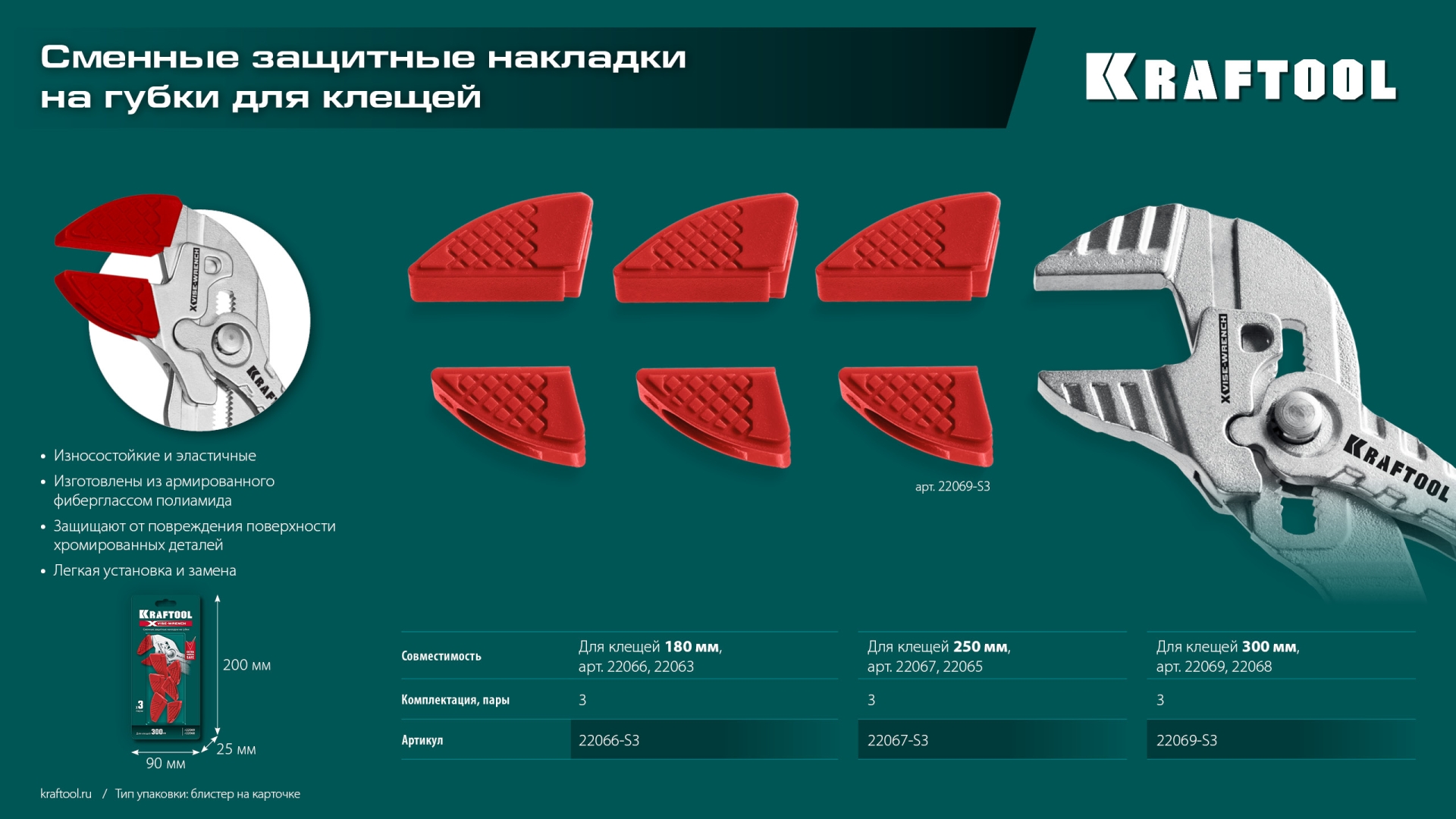 KRAFTOOL Vise-Wrench сменные защитные накладки на губки, для клещей 180 мм, набор из 3-х пар (22066-S3) — фото 13