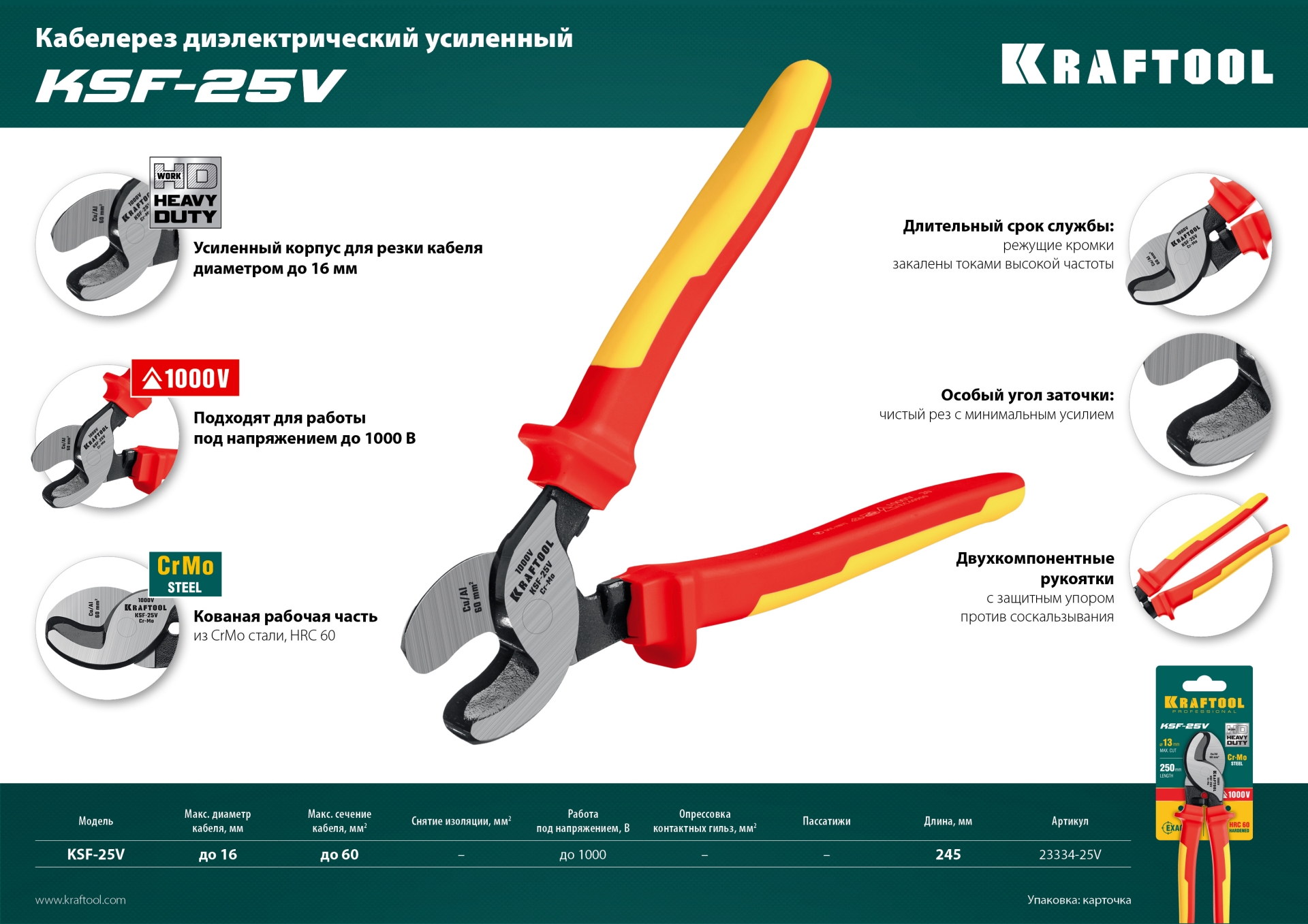KRAFTOOL KSF-25V, d 13 мм, 250 мм, VDE, 1000 В, усиленный, диэлектрический кабелерез (23334-25V) — фото 9