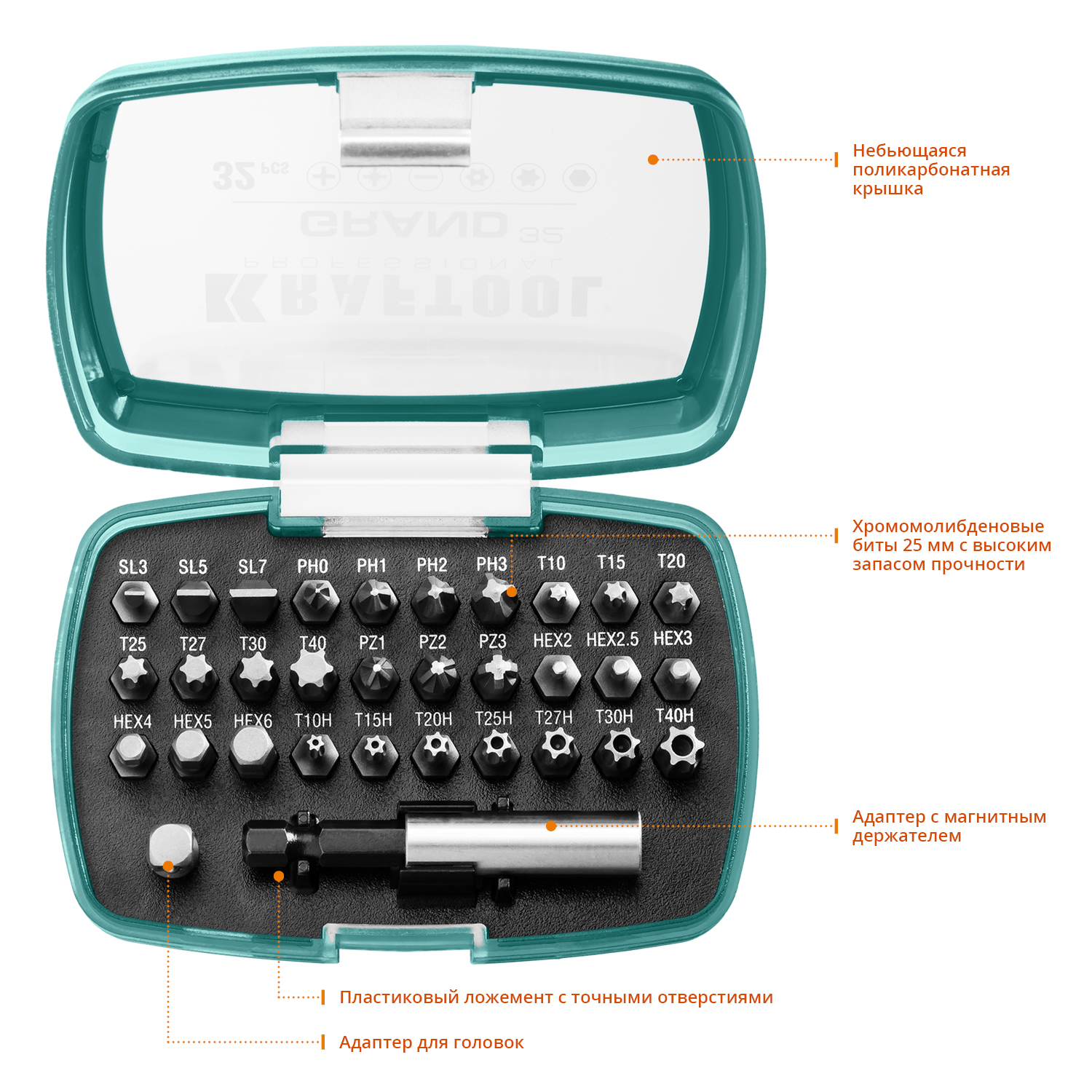 KRAFTOOL Grand-32, с магнитным адаптером 32 шт, набор бит (26083-H32) — фото 2