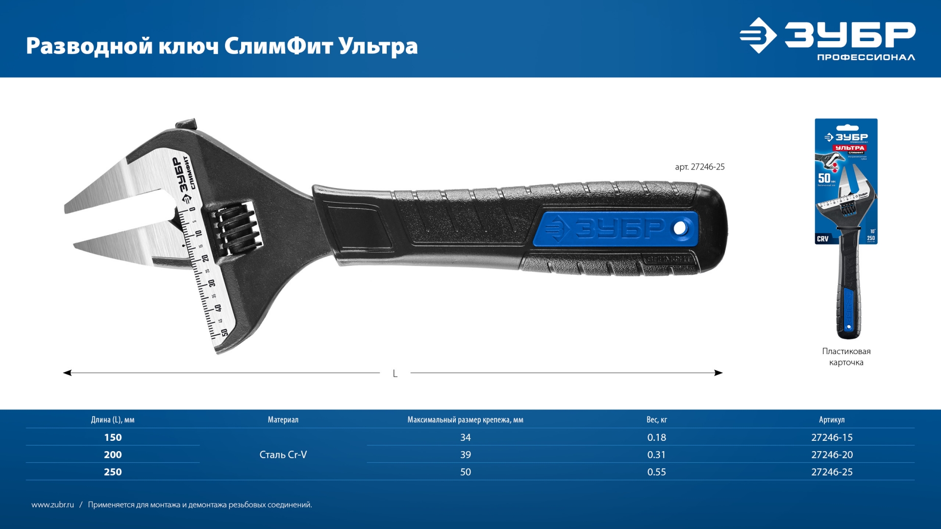ЗУБР СлимФит Ультра, 250/50 мм, разводной ключ, ПРОФЕССИОНАЛ (27246-25) — фото 12
