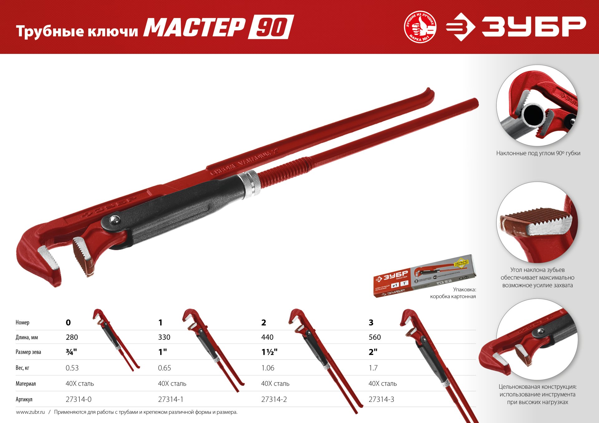 ЗУБР №0, 3/4″, 280 мм, трубный ключ с прямыми губками (27314-0) — фото 5