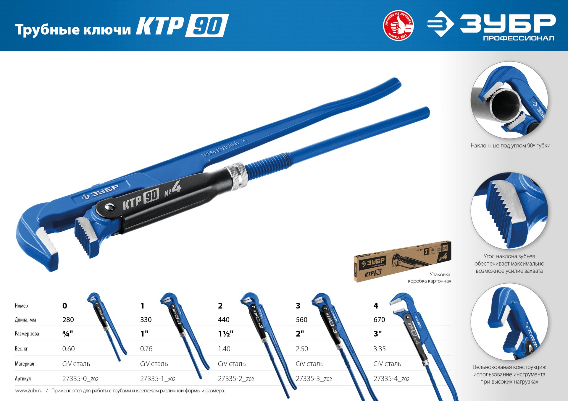 ЗУБР КТР-90, №4, 3″, 670 мм, трубный ключ с прямыми губками, Профессионал (27335-4) — фото 7