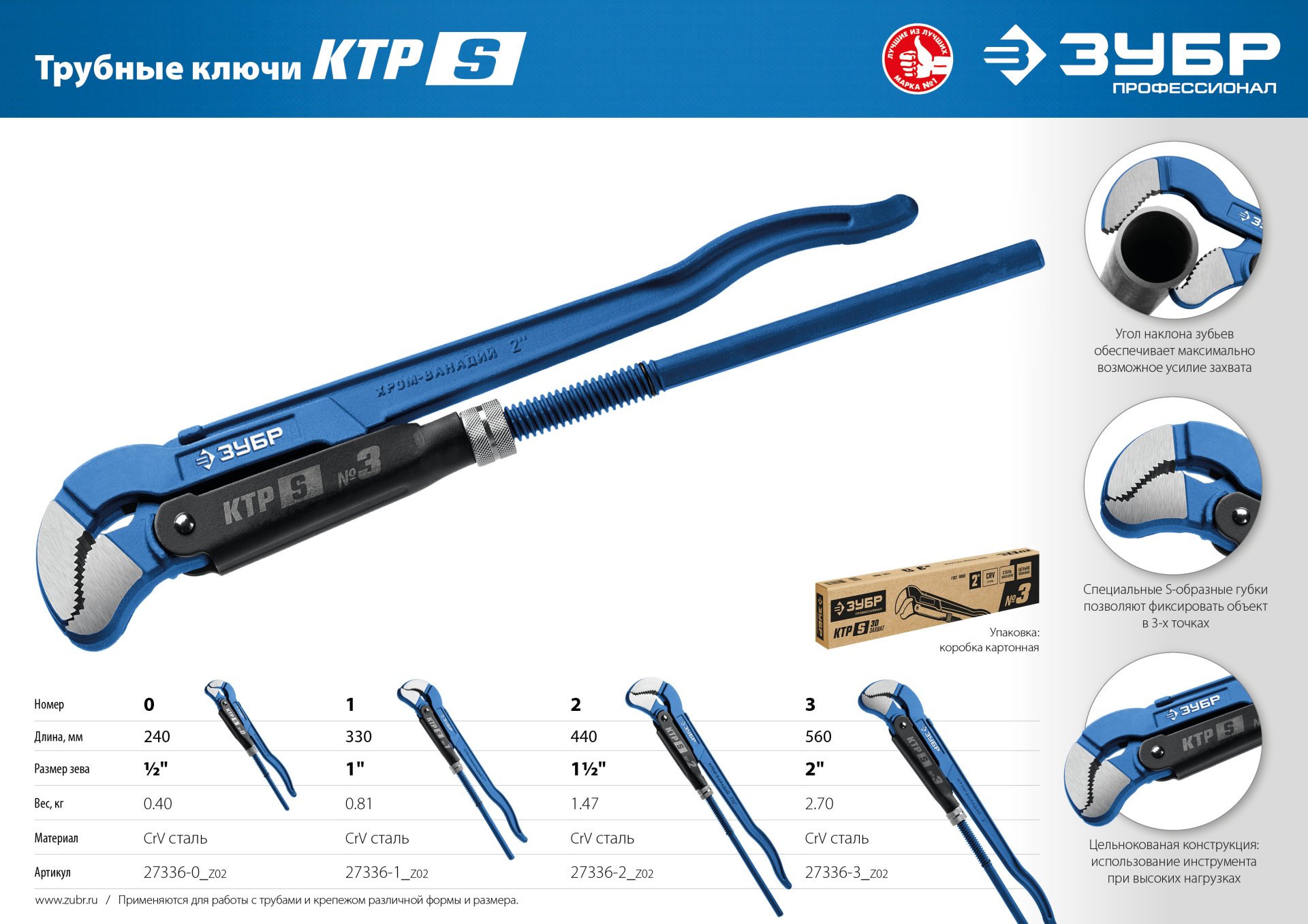 ЗУБР КТР-S, №0, 1/2″, 240 мм, трубный ключ с изогнутыми губками, Профессионал (27336-0) — фото 6
