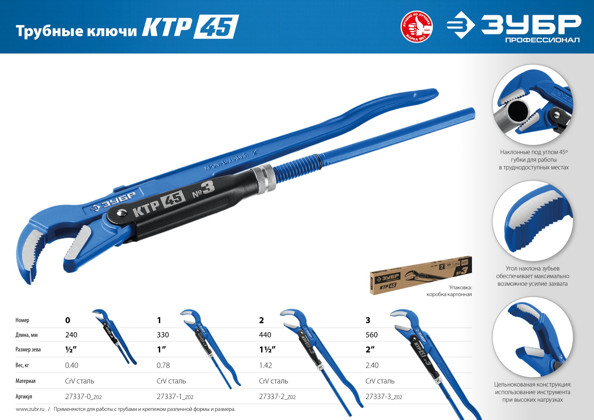ЗУБР КТР-45, №0, 1/2″, 330 мм, трубный ключ с изогнутыми губками, Профессионал (27337-0) — фото 7
